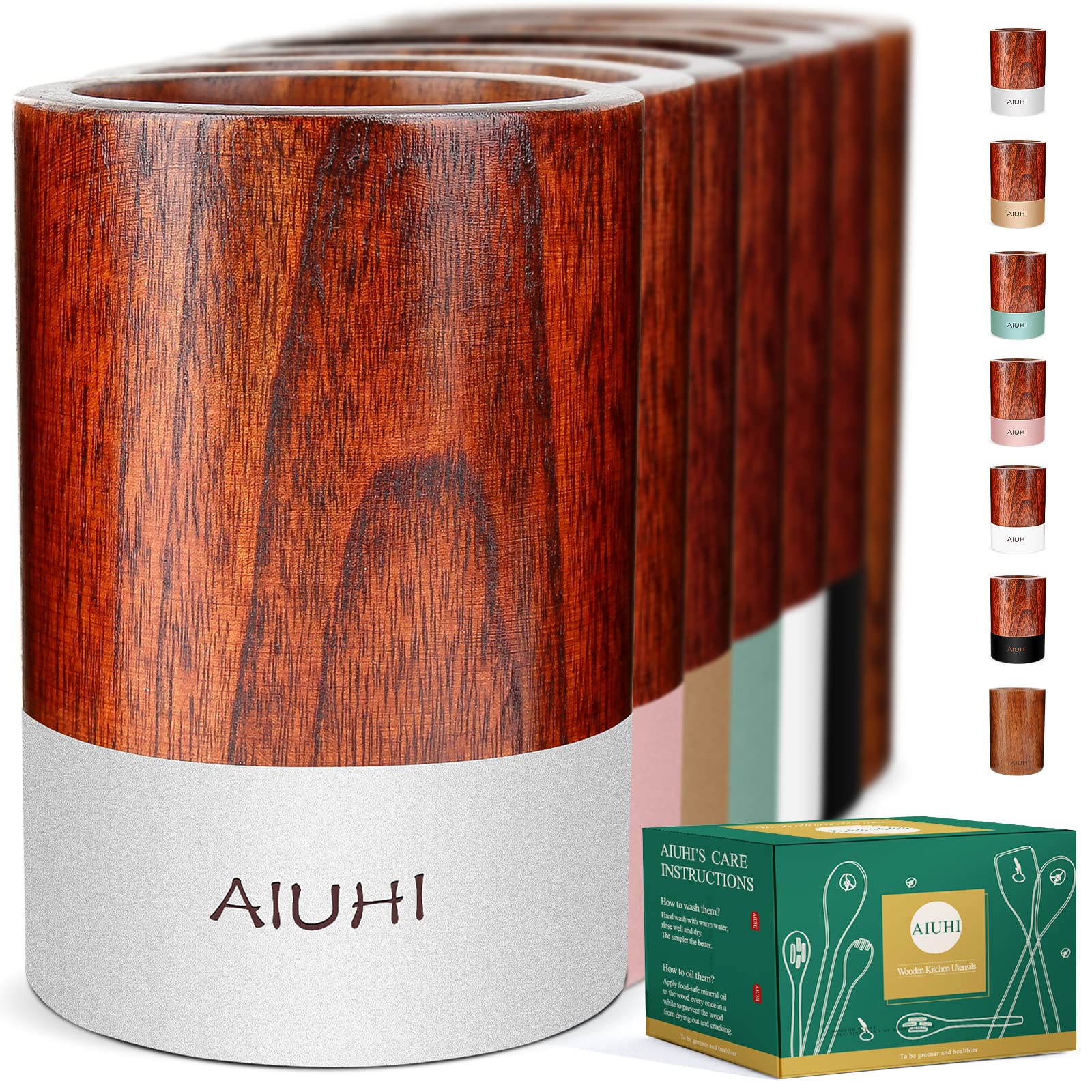 AIUHIWood Cooking Utensil Holder for Countertop,Teak Crock Organizer Caddy, Wooden Holder for Kitchen Utensils,for Spoons Spatula Straw Cutlery Accessories Utensils Storage Silver Grey
