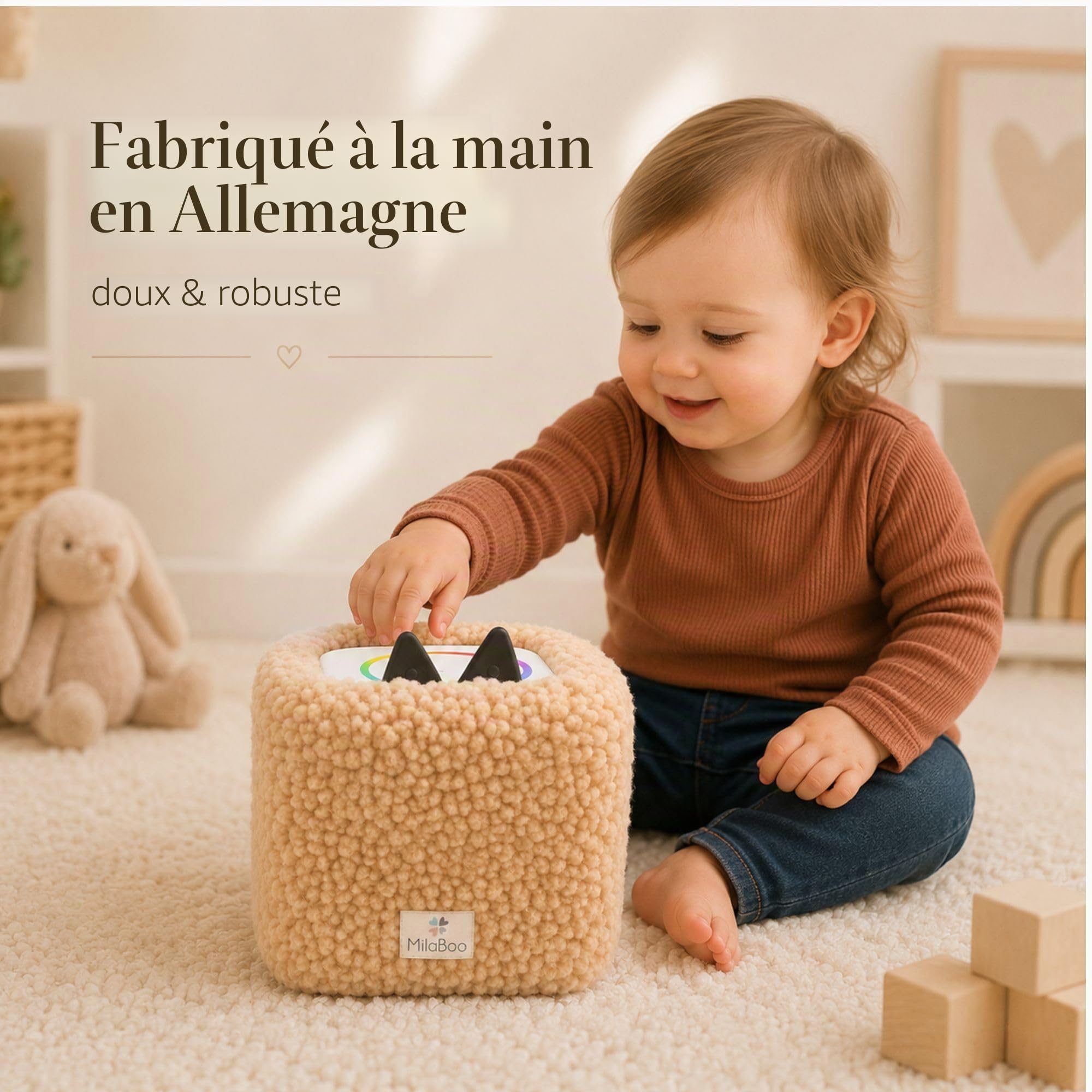 Milaboo Housse en peluche de qualité supérieure pour Toniebox 1 et 2, fabriquée à la main en Allemagne, avec tissu en peluche doux, housse de protection et manipulation facile (beige)