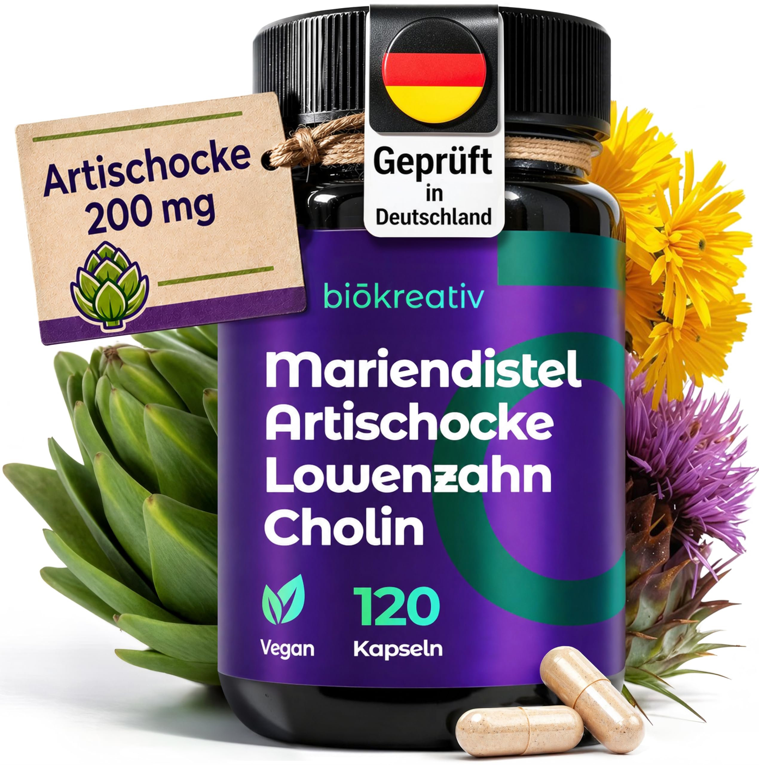 Biökreativ Mariendistel Kapseln Hochdosiert – 80% Silymarin mit Artischocken Kapseln Hochdosiert, Löwenzahn & Cholin – 120 vegane Stück – Laborgeprüft