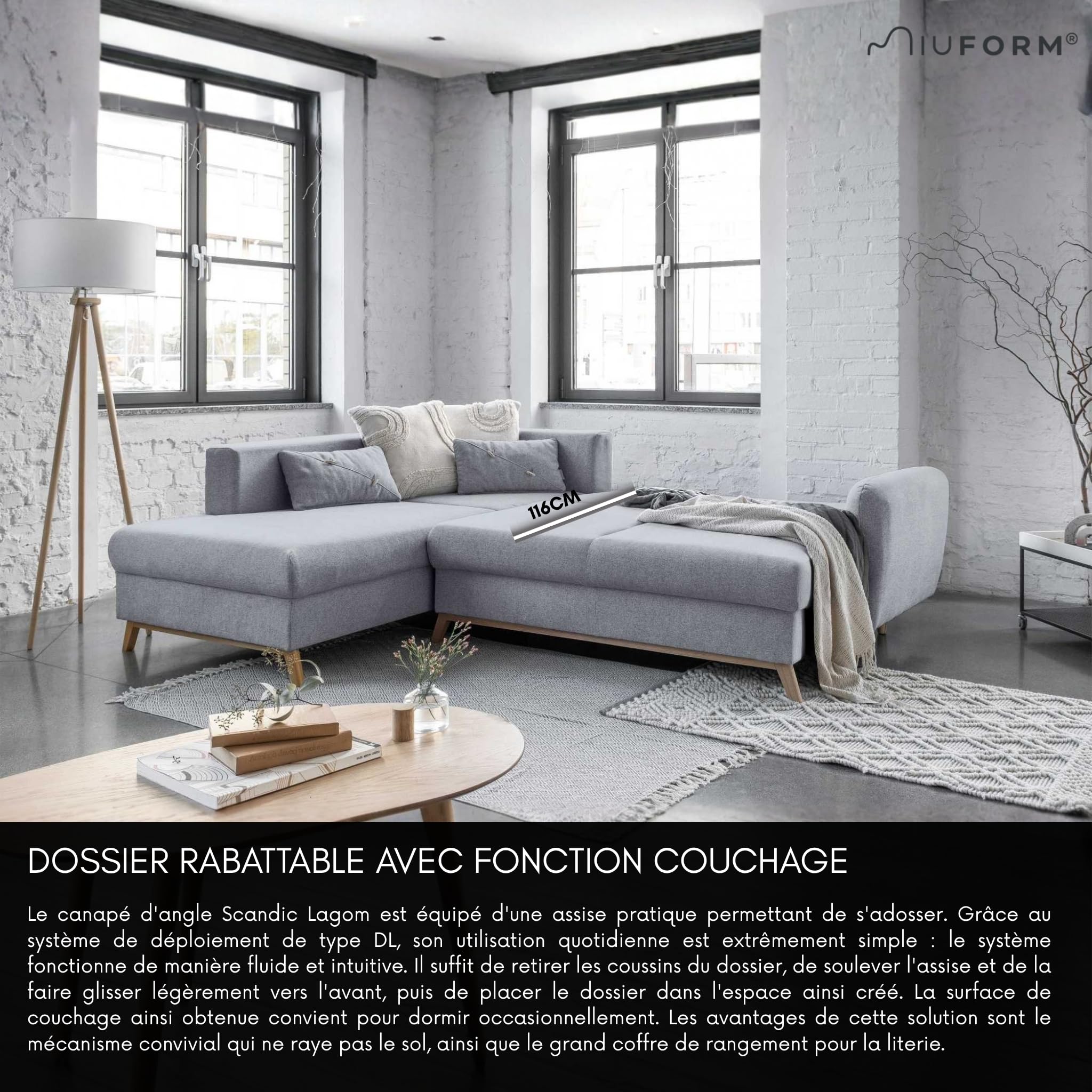 MIUFORM Scandic Lagom L | Canapé d'angle 6 Places avec Rangement et Fonction Couchage | en L à Gauche | Canapé 242 x 202 x 90 cm | Sofabed Convertible | Canapé-lit Pliant | Gris Clair