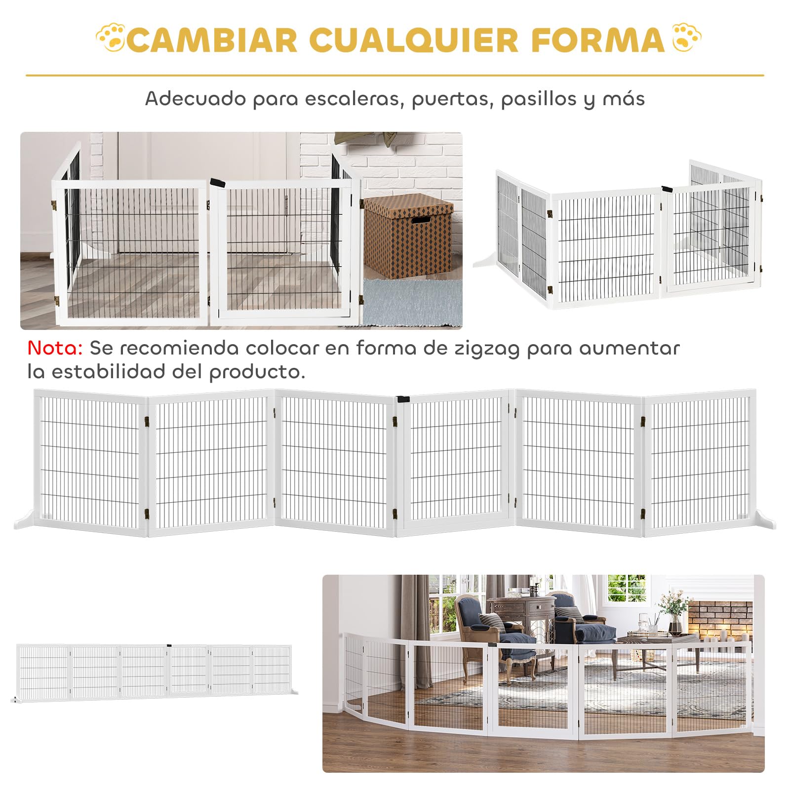 PawHut Barrera de Seguridad para Perros de Madera Plegable, para Escaleras y Puertas, Valla para Perros Pequeños y Medianos de 6 Paneles, con Soporte de Pie, para Interiores, 432x36x70 cm, Blanco