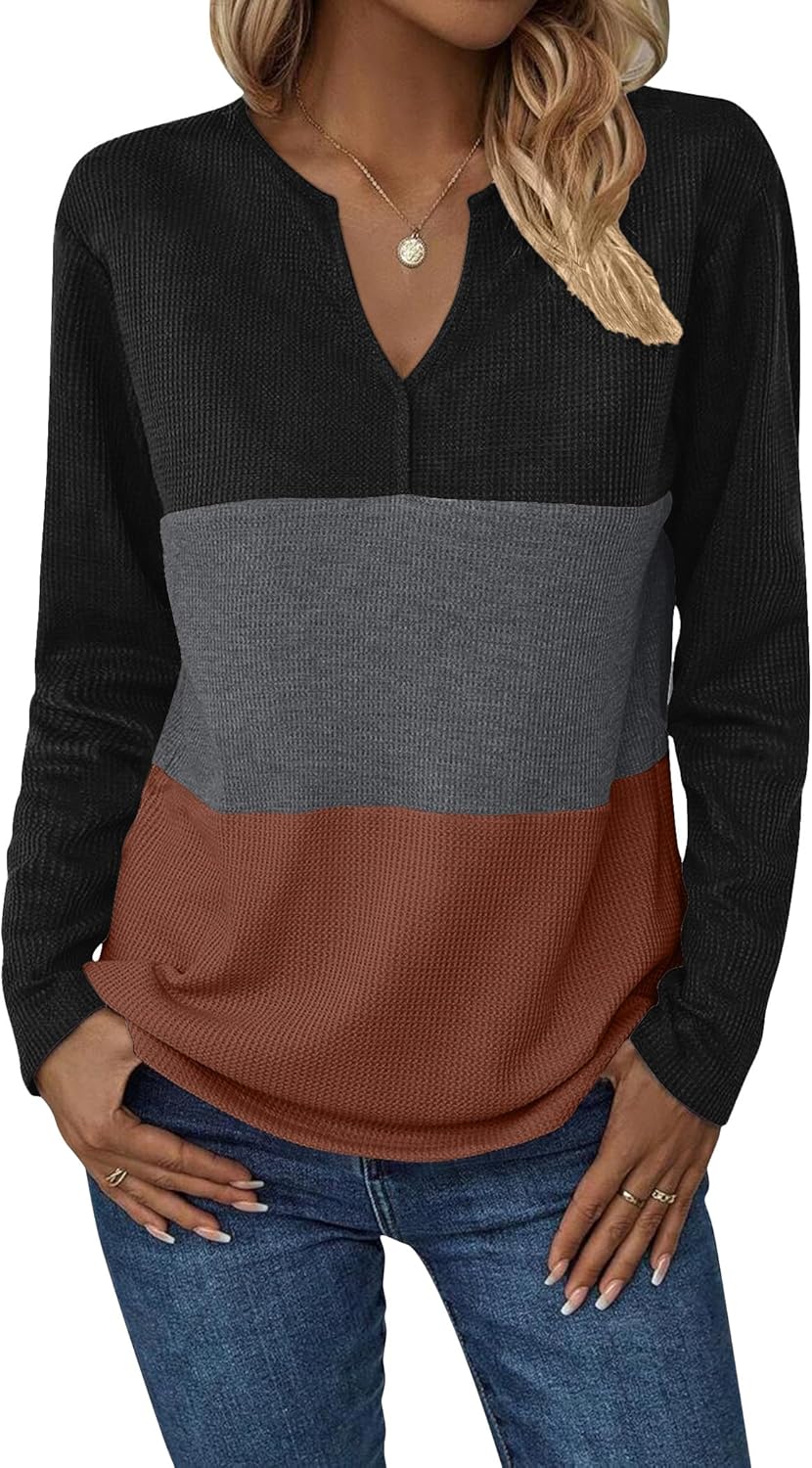 Zeagoo Women's Waffle Shirts V Neck Long Sleeve Tops Color Block T-Shirts Casual Pullover Tunics 2025 Fashion Basic Tees