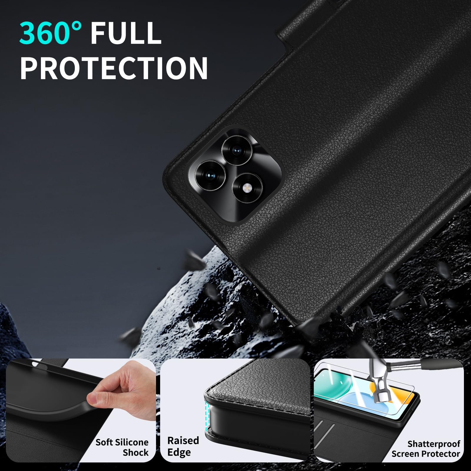 Cover per Honor X5C Plus Portafoglio Pelle PU Premium, Custodia Scomparti Carte Antiurto Protettiva Case con 1 Vetro Temperato, Nero