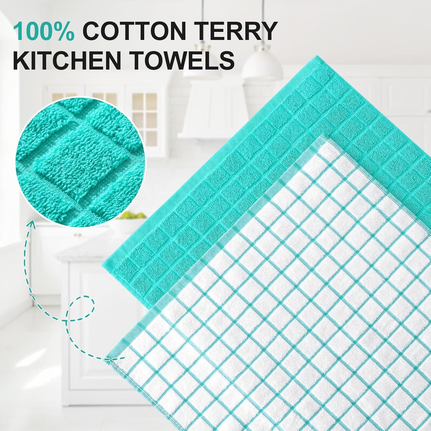 Homaxy Premium Cotton Kitchen Towels 16"x 28", Large Natural Ring Spun 390 GSM Dish Towels, Super Absorbent Terry Kitchen Hand Towels, Soft Tea Towels with Hanging Loop, Aqua Check Design, 6 Pack - Image 2