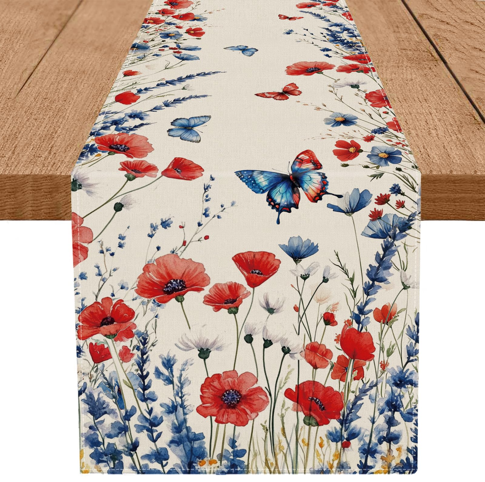 QIONG MENG 4th of July Table Runner Red and Blue Flowers Butterfly Memorial Day Independence Day Patriotic Table Decoration Home Kitchen Party Supply