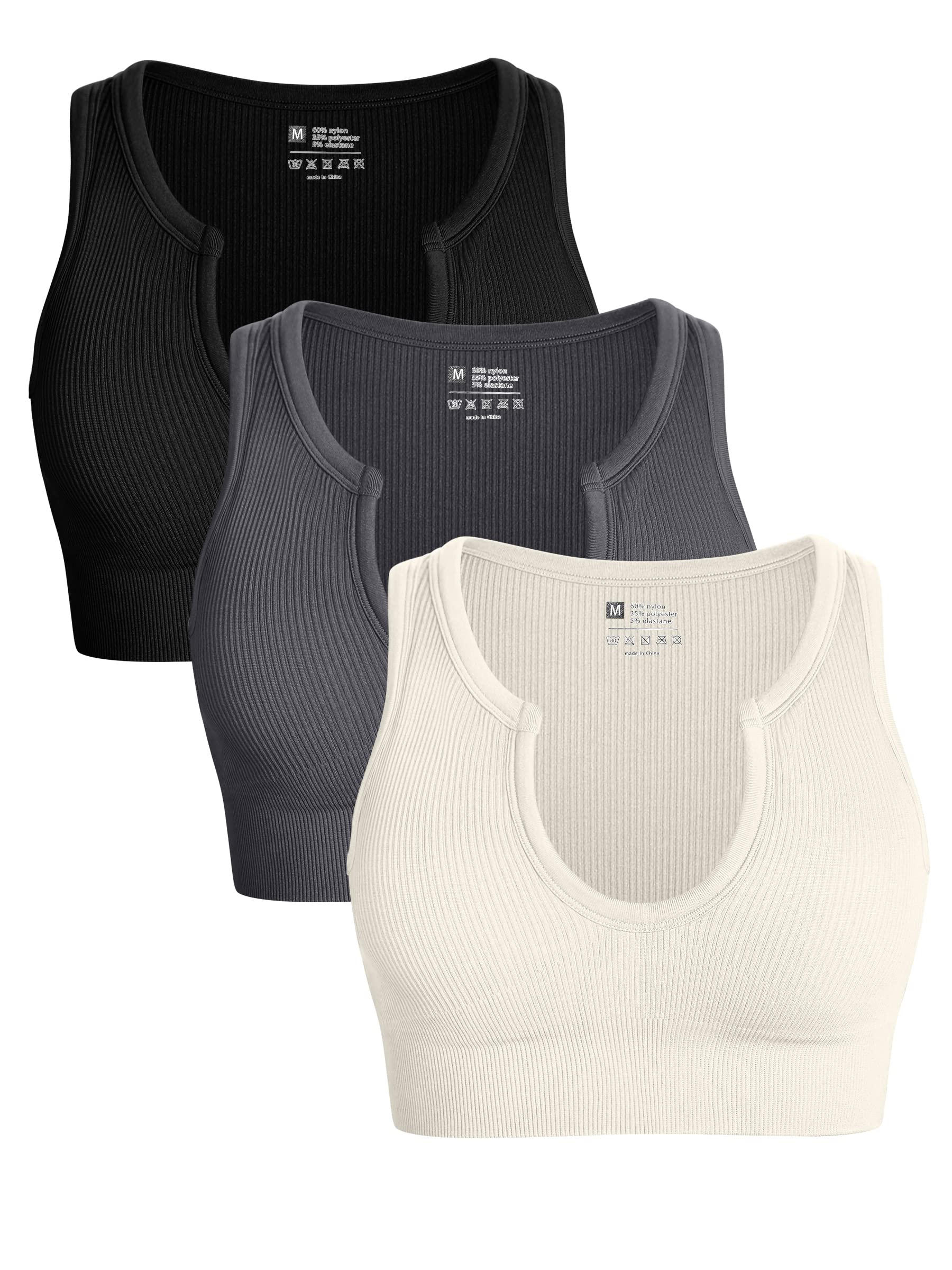 Women's 3 Piece Medium Support Crop Top Seamless Ribbed Removable Cups Workout Yoga Sport Bra