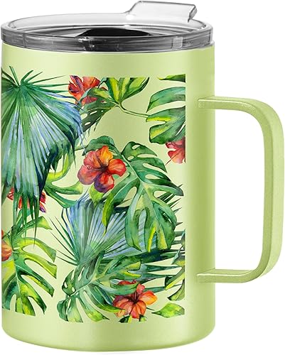 OGGI ThermoMug - Taza aislada de acero inoxidable, doble pared aislada al vacío con asa y tapa, taza de café, taza de campamento, termo de viaje, 14