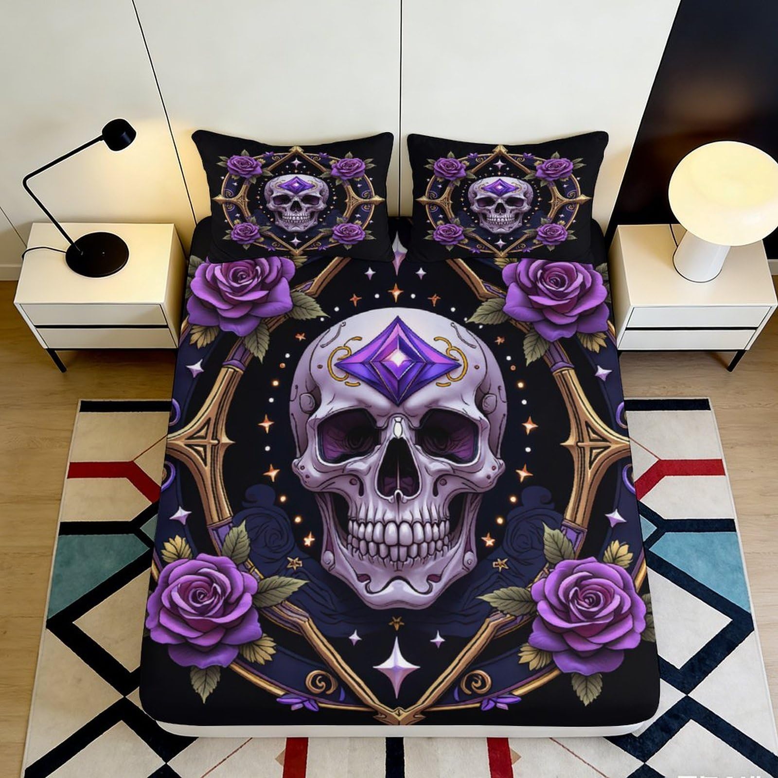 3D Printed Purple Skull Fitted Sheet Microfiber Gothic Rose Bed Cover for Bedroom Guest Room Mattress Decor 90x200x25cm