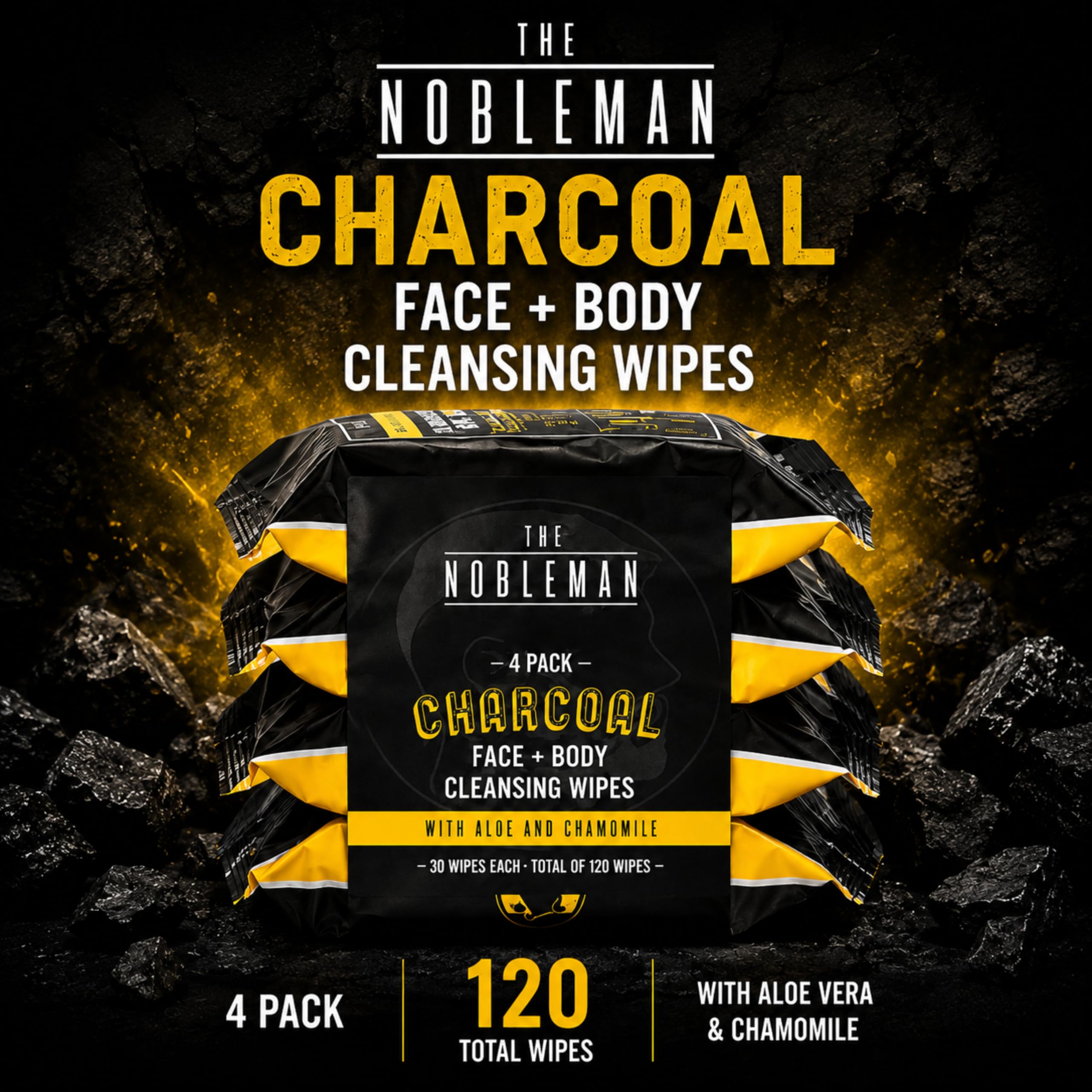 Lot de 4 lingettes nettoyantes pour le visage et le corps au charbon de bois pour homme (120 pièces)