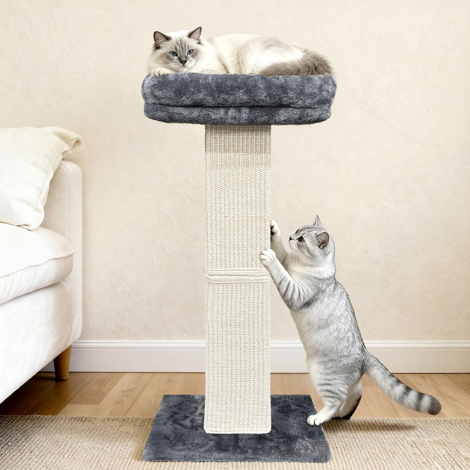 Tiragraffi per gatti, 81,3 cm, con grande posatoio in peluche, tiragraffi in sisal e moquette, pali verticali con letto rialzato per gatti domestici, fodera rimovibile e lavabile, grigio