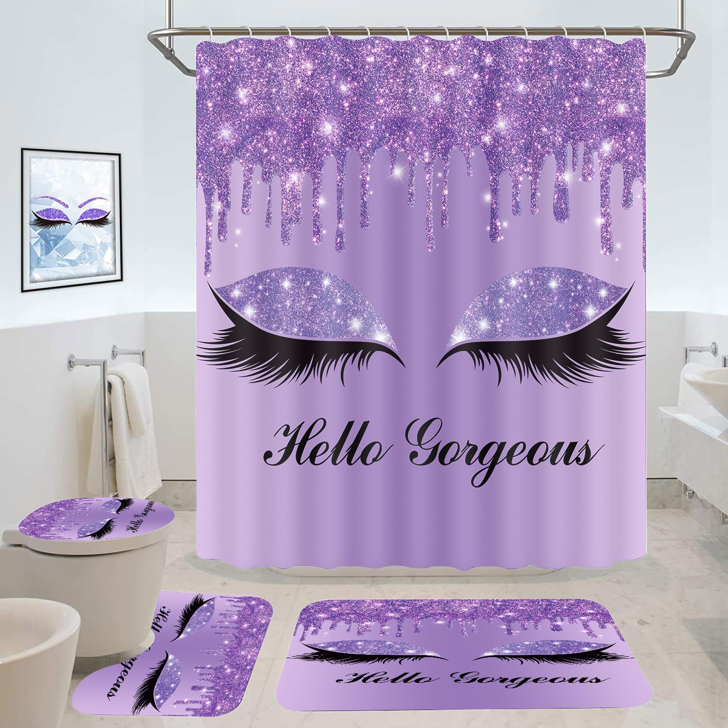 GURETER Purple Pretty Eyelash Shower Curtain Set, 4PCS Hello Gorgeous Luxury Glitter Bathroom Sets with Shower Curtain and Rugs, Toilet Lid Cover, Bath Mat and U Shaped Rug, 12 Hooks, SETLSGU7