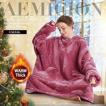 Oversized Wearable Blanket Sherpa Fleece Blanket Hoodie Comfortable Soft Warm Thick Big Hooded Sweatshirt Hoodie Blanket for Adults Women Girls Teenagers Teens Men Pink