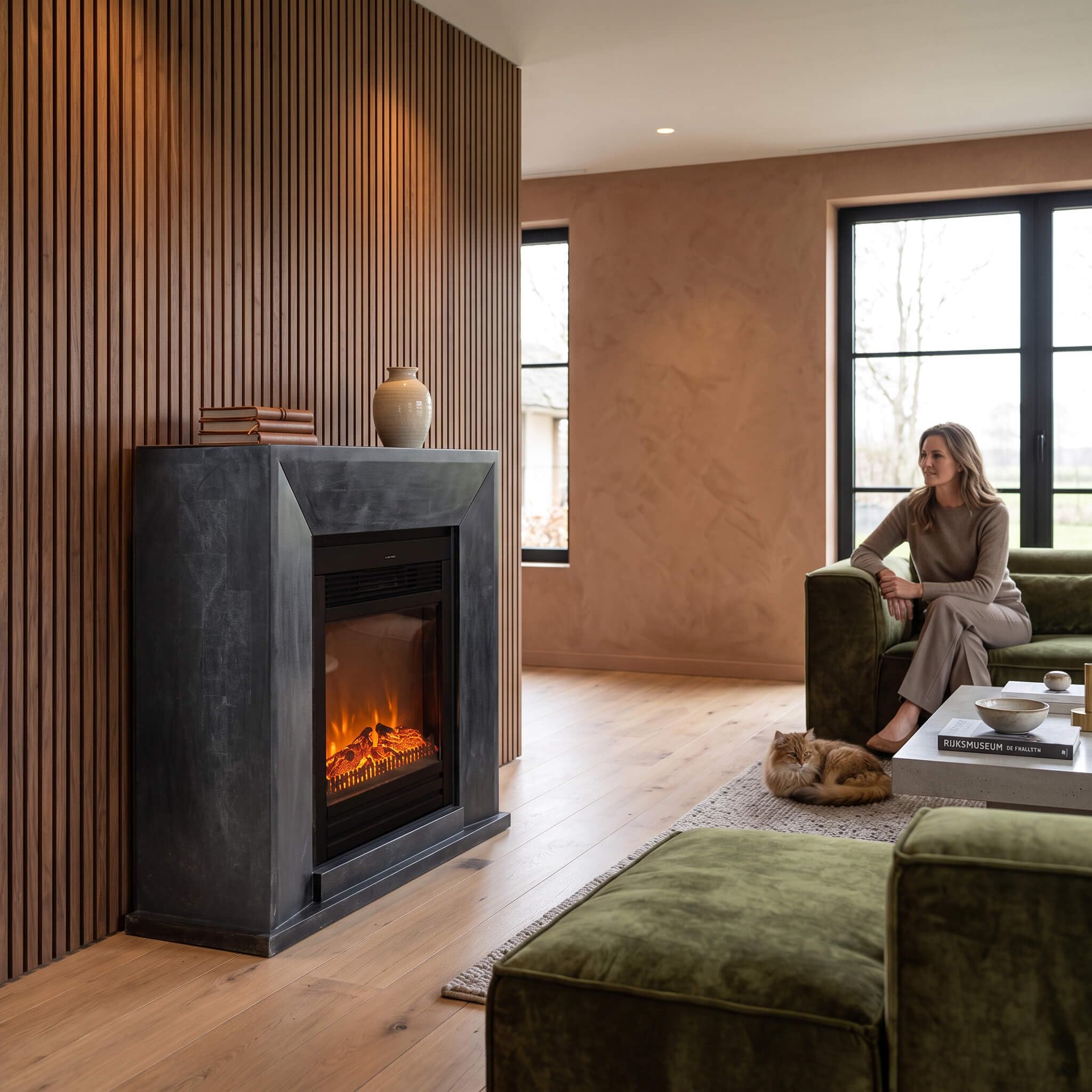 Xaralyn Nero - Camino elettrico con Lucius, antracite, rivestimento in pietra naturale nera, riscaldamento da 1400 Watt, telecomando