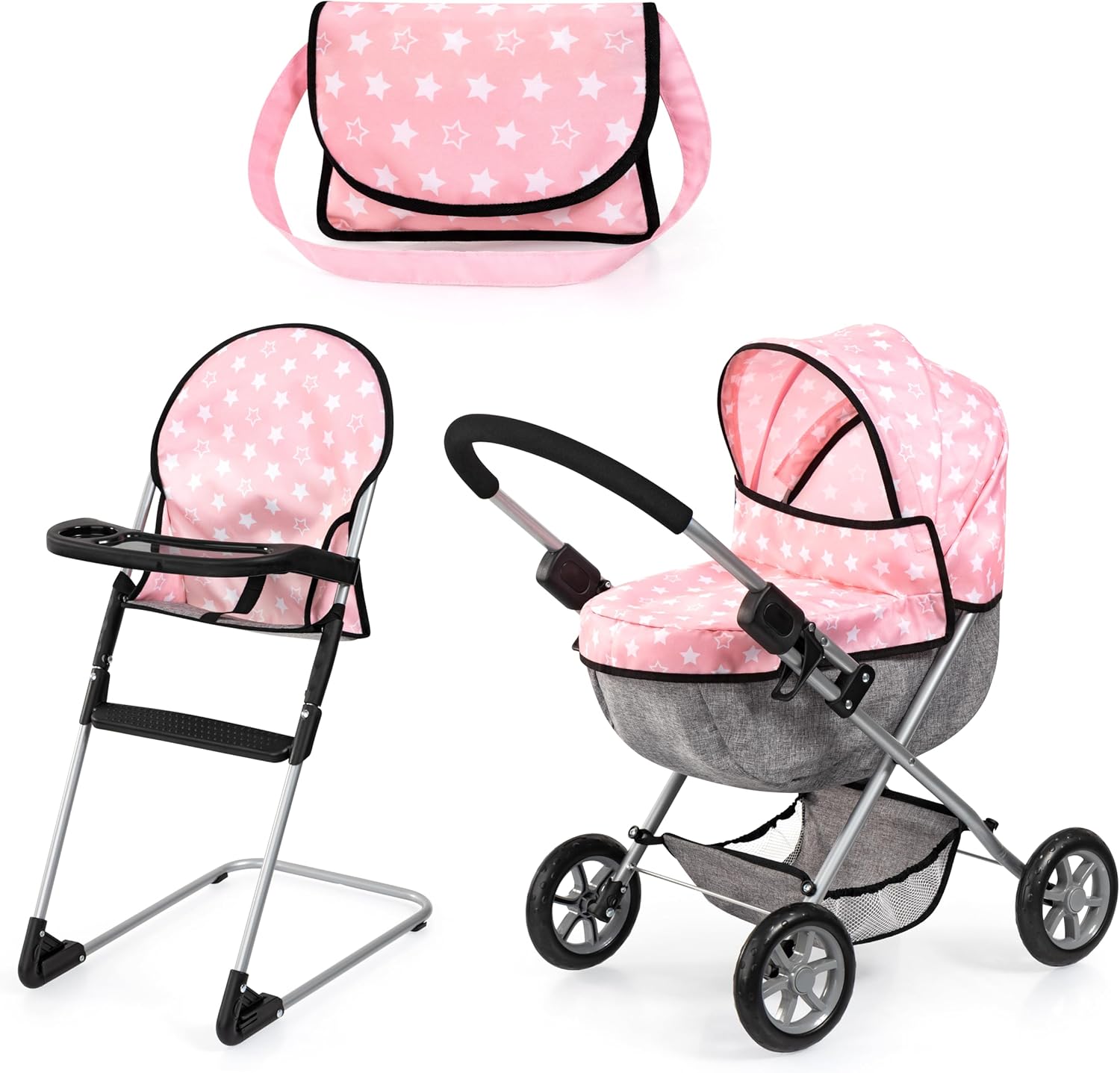 Bayer: Cozy 3 Piece Set - Pink, Grey, Stars - Folding Pram, Highchair, Shoulder Bag, Accessory Set for Dolls Up to 18", Kids Toy, Ages 3+