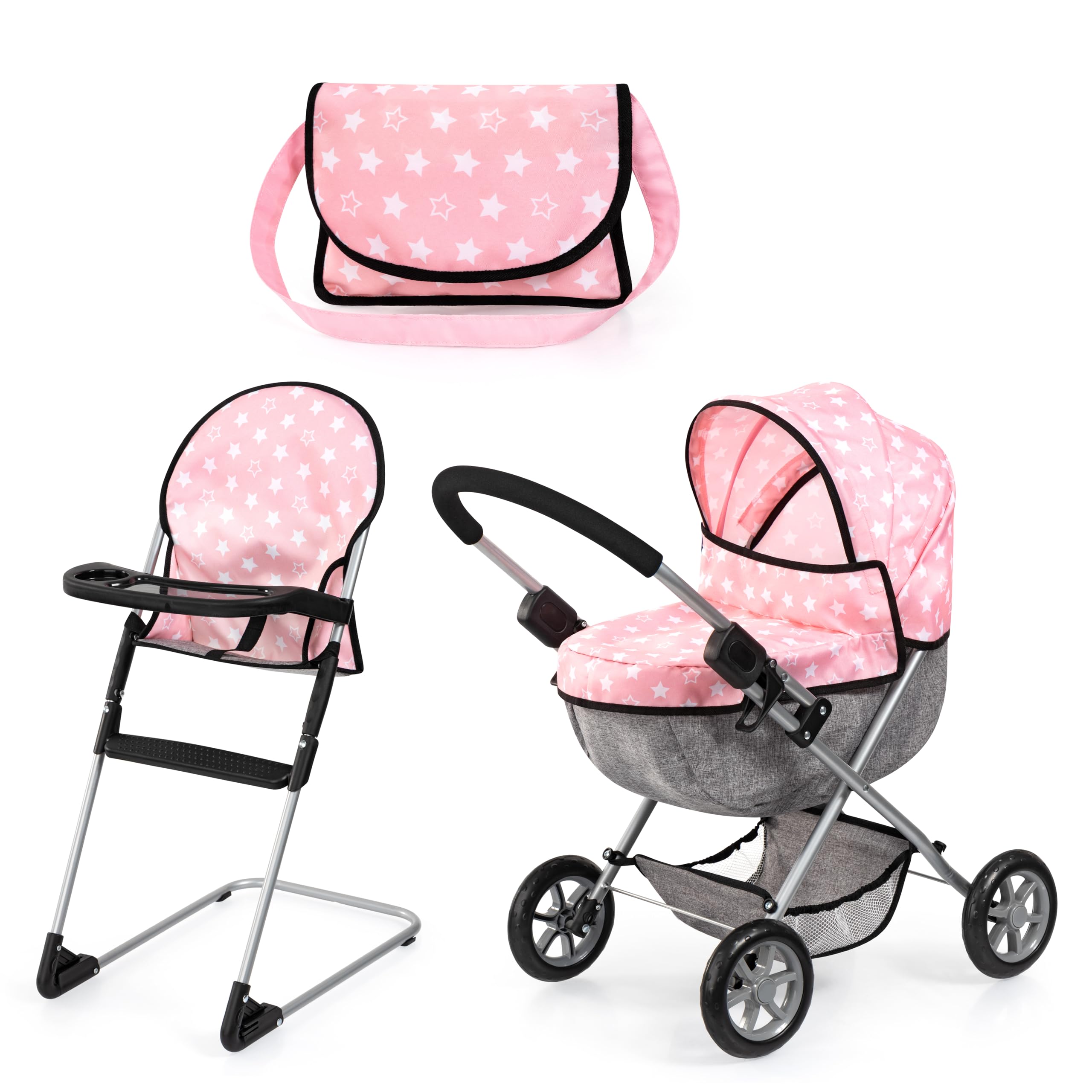 Bayer Baby Doll Pram and Highchair Set - Matching Baby Doll Accessories for 46cm Dolls - Foldable Pushchair with Storage Basket, Changing Bag - Dolls Pram for 3 year Olds Girls, Boys, Toddler Toy