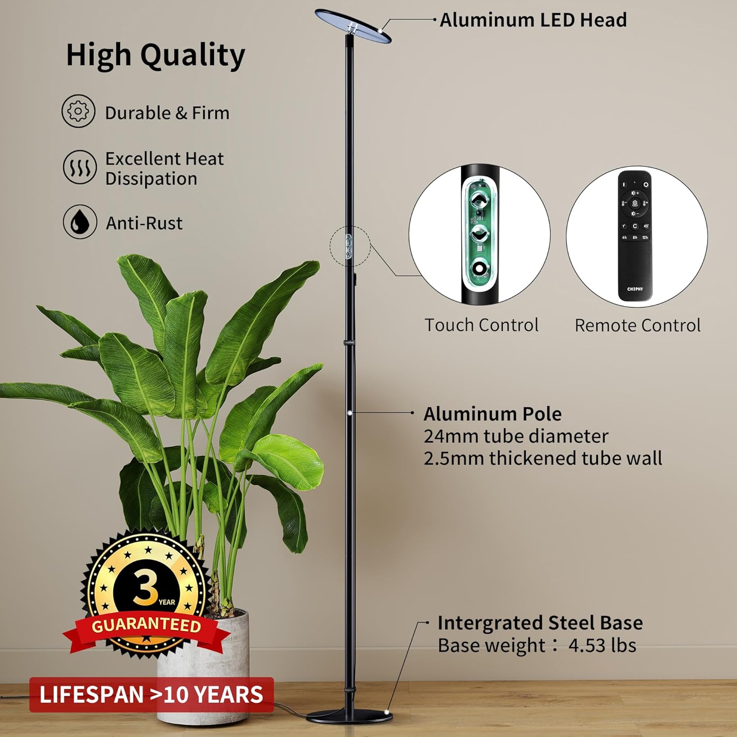 chiphy Grow Lights, 85" Full Spectrum Plant Light for Indoor Plants, 4/8/12H Timer, 40W Grow Lamp, 10 Dimmable Brightness, Height Adjustable, Ideal for Large Tall Plants