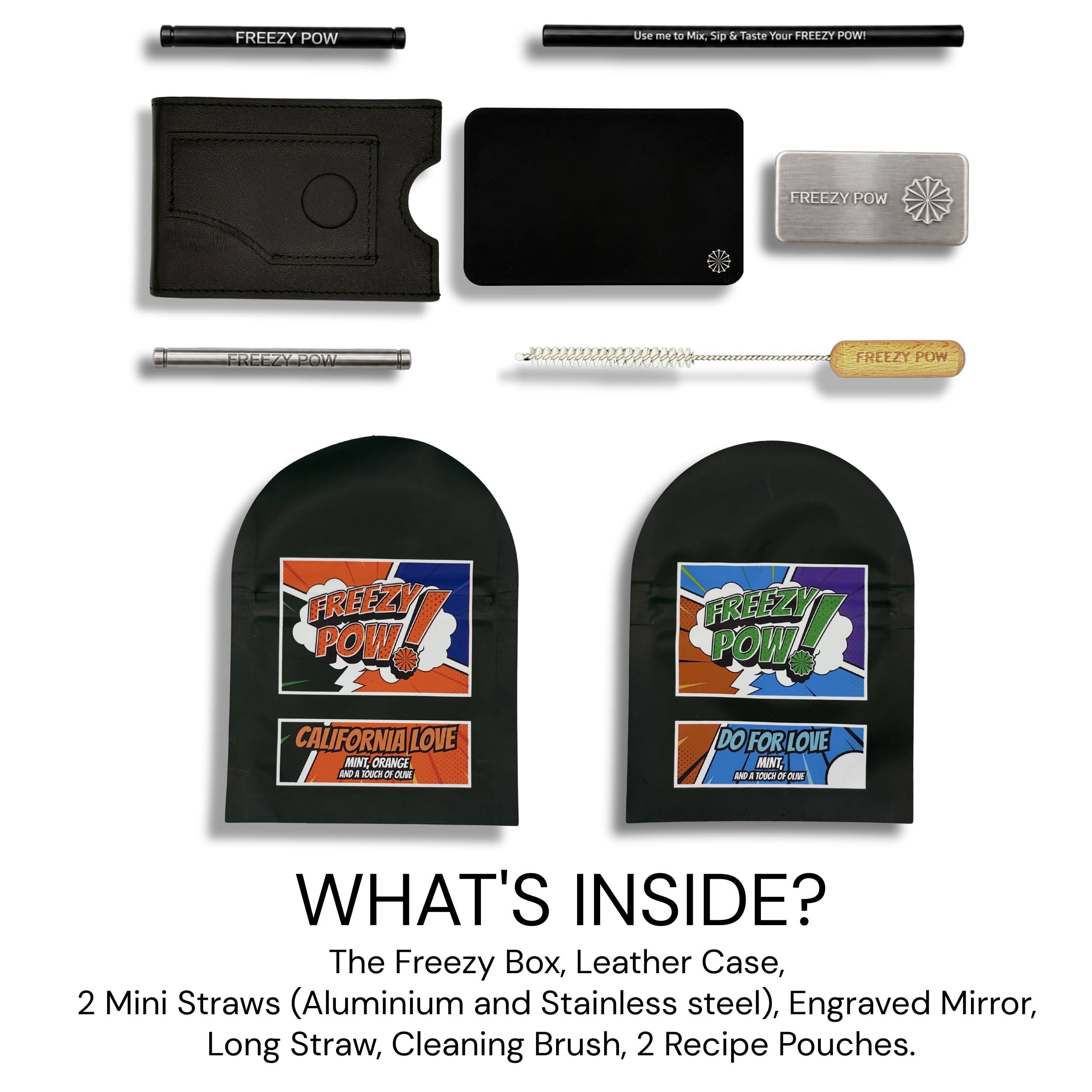 FREEZY POW Freezy Box zestaw rytuałów odświeżacza oddechu, smukłe aluminiowe pudełko, 2 torebki do wielokrotnego napełniania, skórzane etui, lustro, słomka mieszająca + 2 mini słomki (stal i czarne