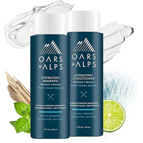 Oars + Alps Men's Sulfate Free Hair Shampoo and Conditioner Set, Infused with Kelp and Algae Extracts, Fresh Ocean Splash, 12 Fl Oz Each