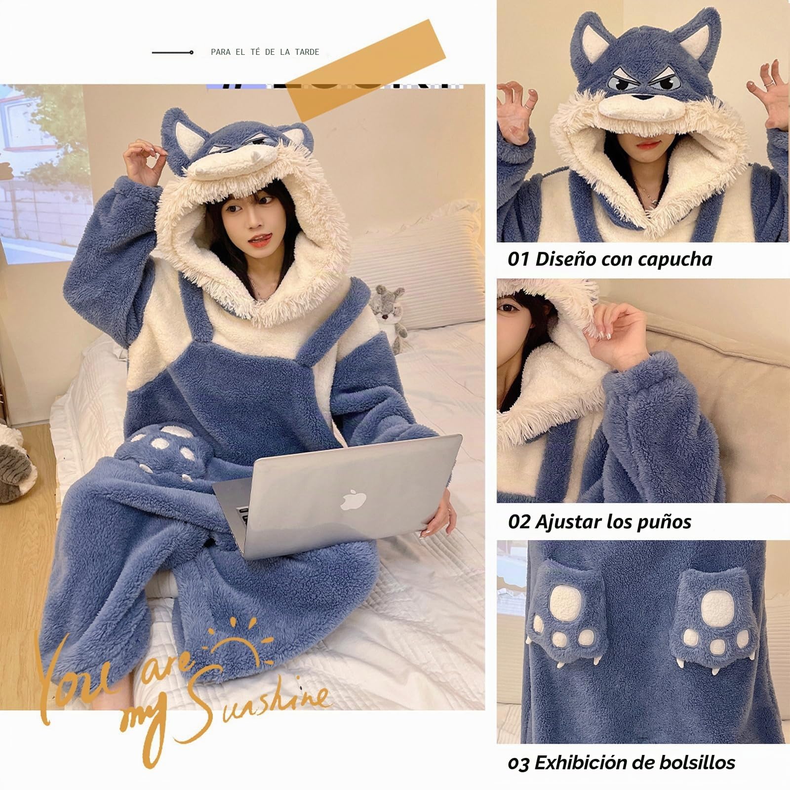 Pijama de forro polar para mujer, pijama de una pieza con capucha de franela cálida y esponjosa, azul, L