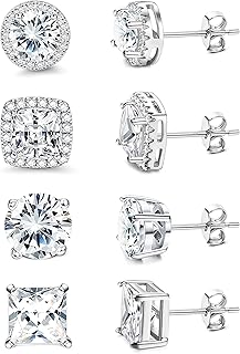 KRFY Cubic Zirconia Stud Earrings | 18 K White Gold Hypoallergenic Sterling Silver Post Earrings | Brilliant Large Simulated Diamond Halo Stud Earrings for Women Men