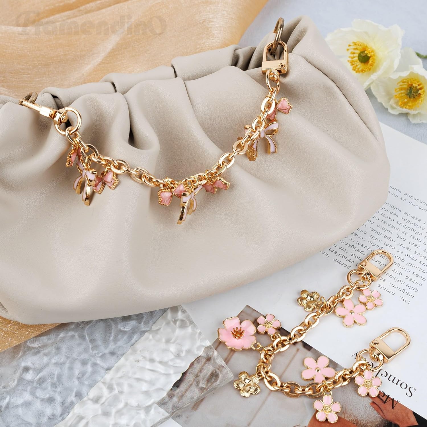 Framendino, 2 Pack Pink Flower Short Bag Extender Chain 8 Inch Gold Metal Purse Strap with Enamel Bow Floral Charm for Handbags Wallet - Image 6