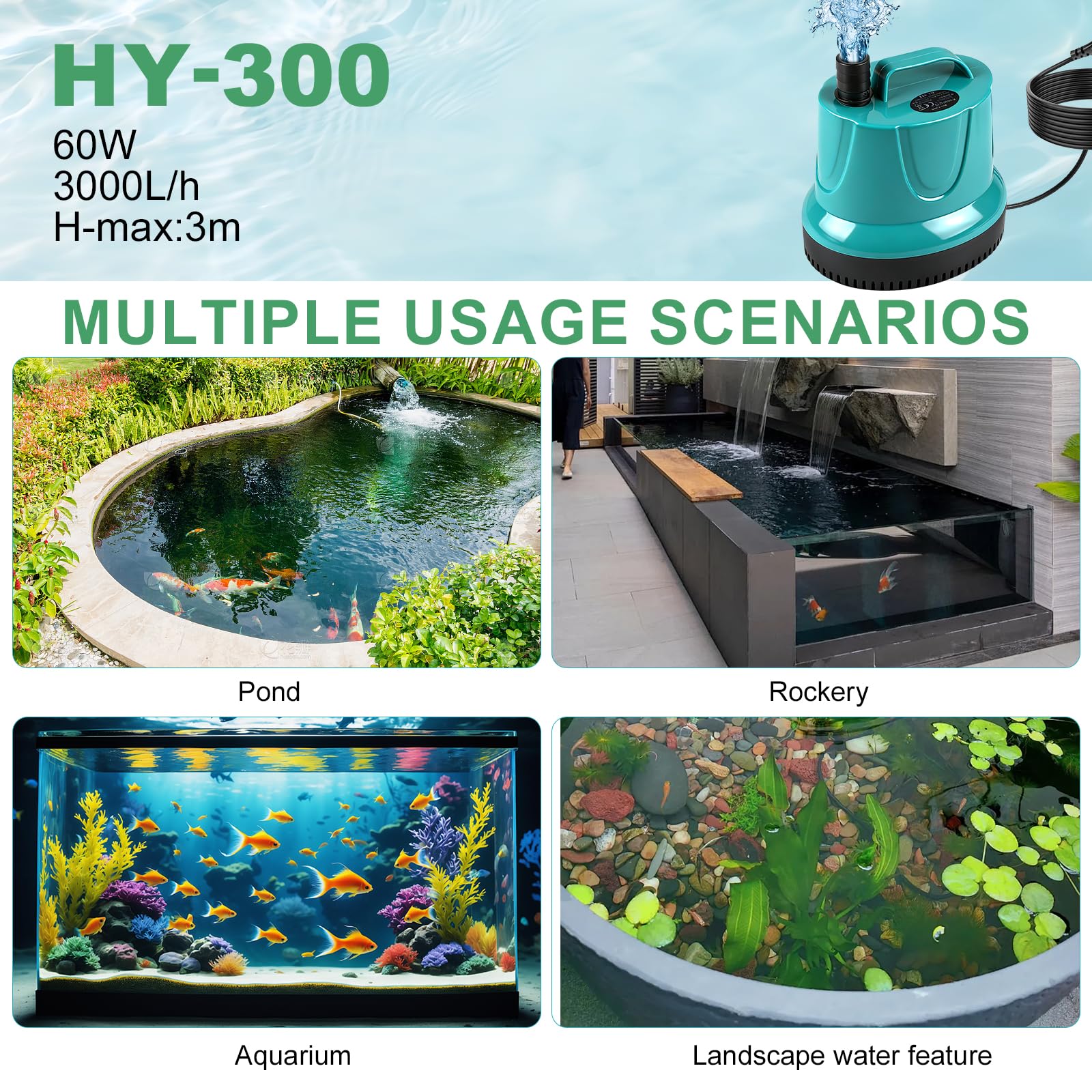 EXLECO Bomba de Agua Sumergible 60W 3000L/H, Mini Water Pump, Bombas de Achique para Aguas Sucias, Acuario, Estanque Jardín – Verde
