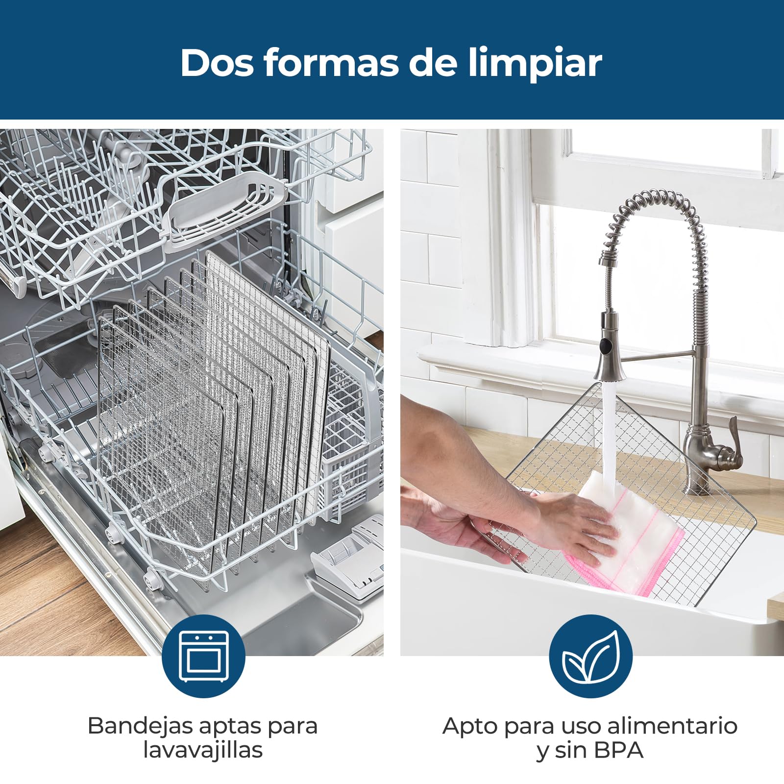 Desidratador de Alimentos de Acero Inoxidable, Control de Temperatura (35-75°C), Temporizador de 48 Horas, 9 Bandejas de Acero Inoxidable, 2 Tamices de Malla, 1 Bandeja para Rollos de Frutas, 1000W
