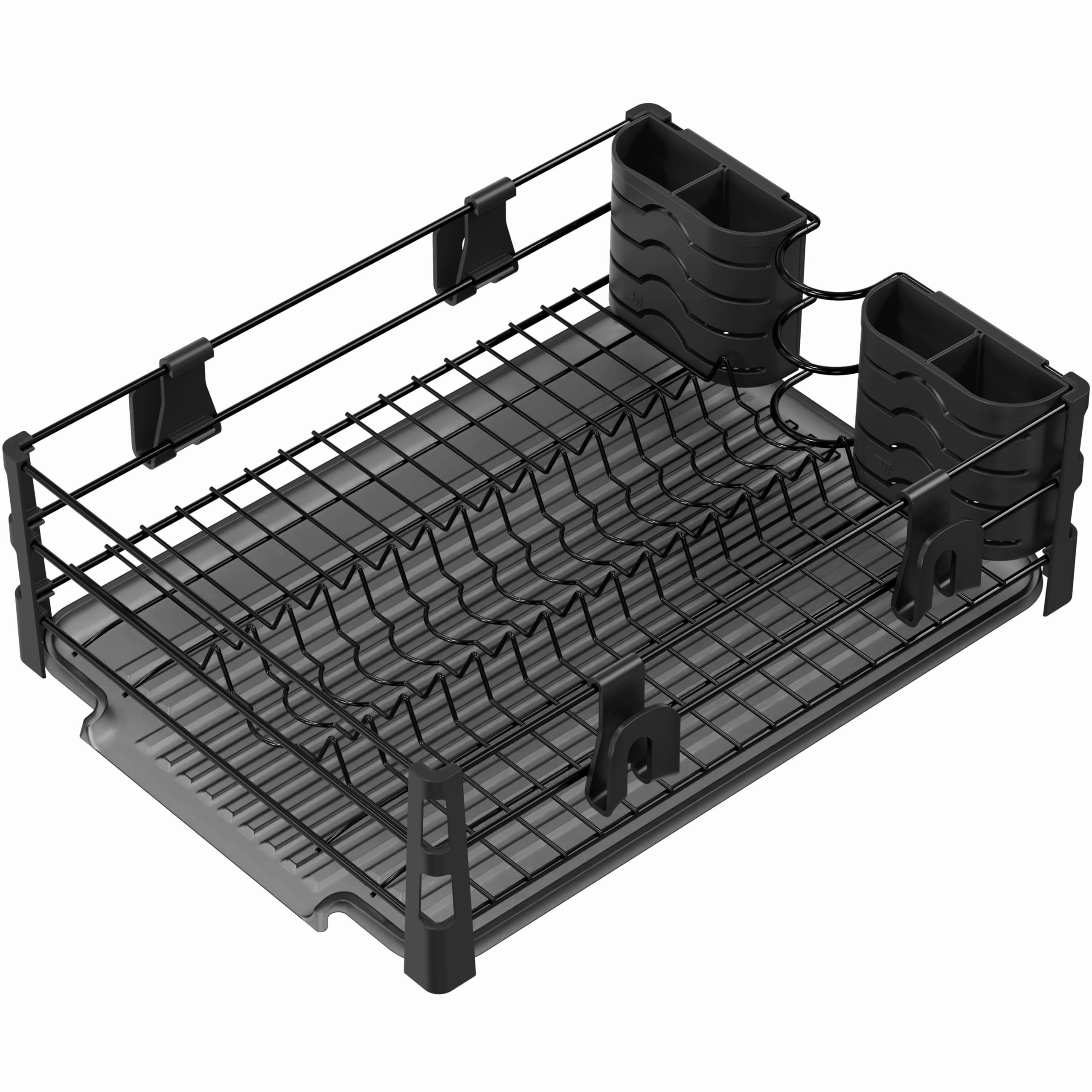 SIMPLE HOUSEWARE Suszarka do naczyń z ociekaczem, uchwytem na przybory i haczykami na kubki, metalowy organizer na blat kuchenny, czarny