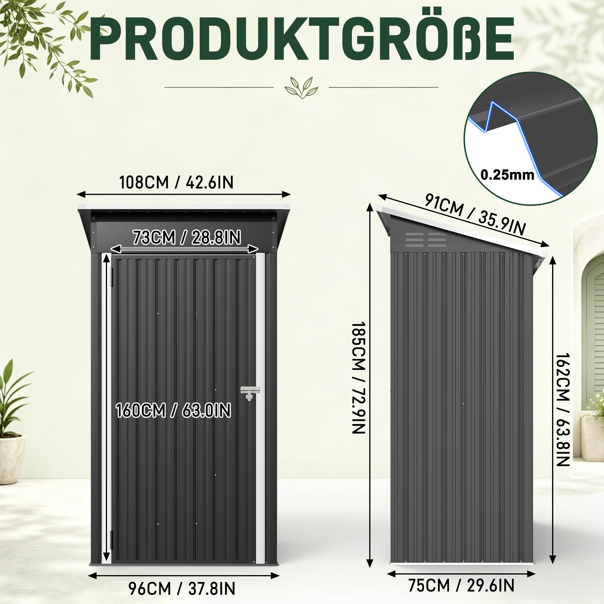 Gartenhaus Metall 96 x 75 x 185 cm Geräteschuppen wetterfest abschließbar mit Pultdach Gartenhütte Outdoor Werkzeuge Gartenschuppen Gerätehaus für Hinterhof, Terrasse, Rasen, Schwarz