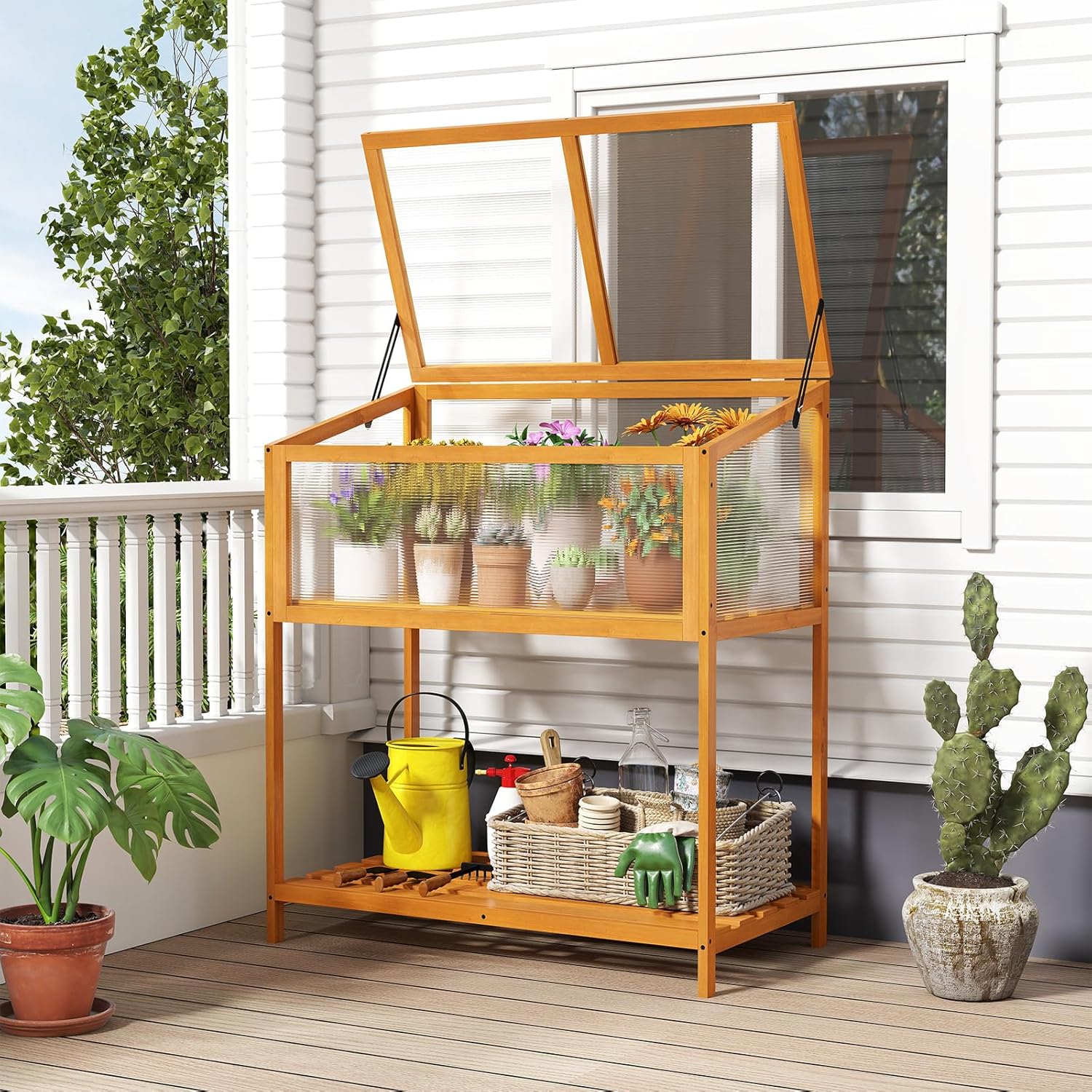 Small Indoor Outdoor Greenhouse, Wood Cold Frame Greenhouse with Transparent PVC Roof & Sturdy Steel Frame, Seedling Hot House for Garden, Sunroom, Balcony (36” x 20”x 42”)