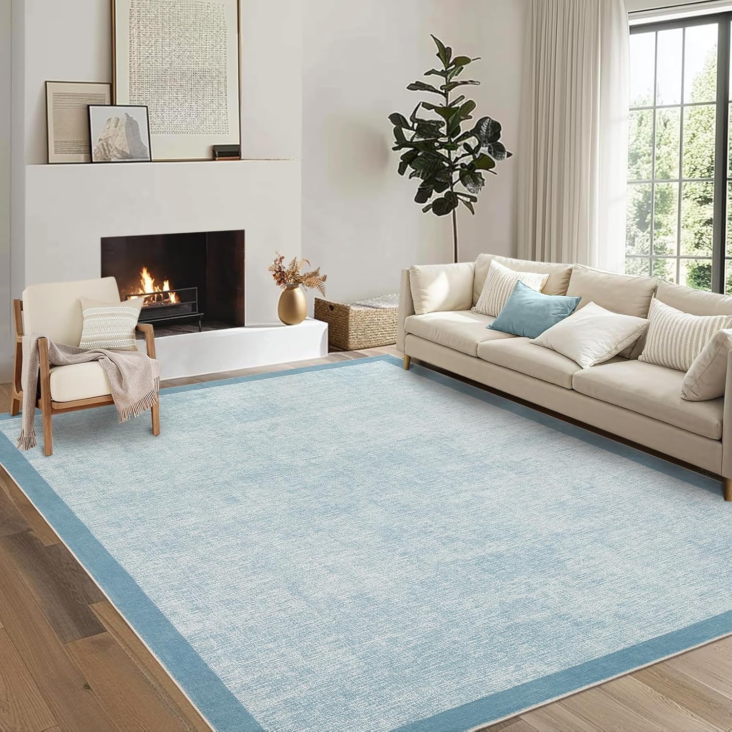 GarveeHome Washable Runner Rug 2x6, Geometric Non Slip Hallway Runner Rug for Entryway Kitchen Bedroom, Modern Bordered Low Pile Stain Resistant Throw Carpet for Laundry Bathroom, Light Blue