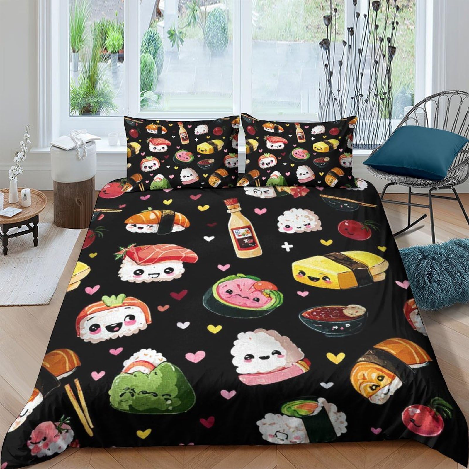 Ctjqhvkz Style-10 3D Printed Kawaii Sushi Fitted Sheet Microfiber Soft Bedroom Decor Japanese Food Bed Cover Single（135X200cm）