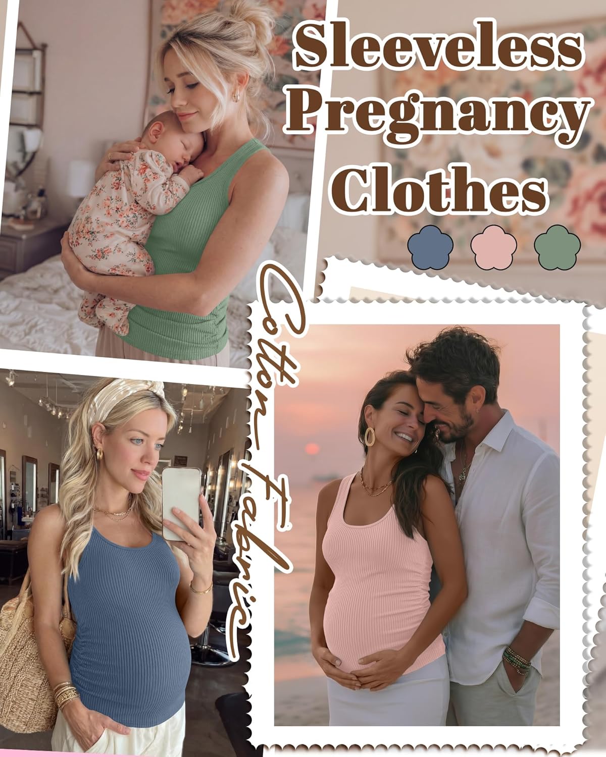 3 Pack Womens Maternity Tank Tops Ribbed Cotton Summer Pregnancy Shirts Sleeveless Racerback Ruched Side Clothes