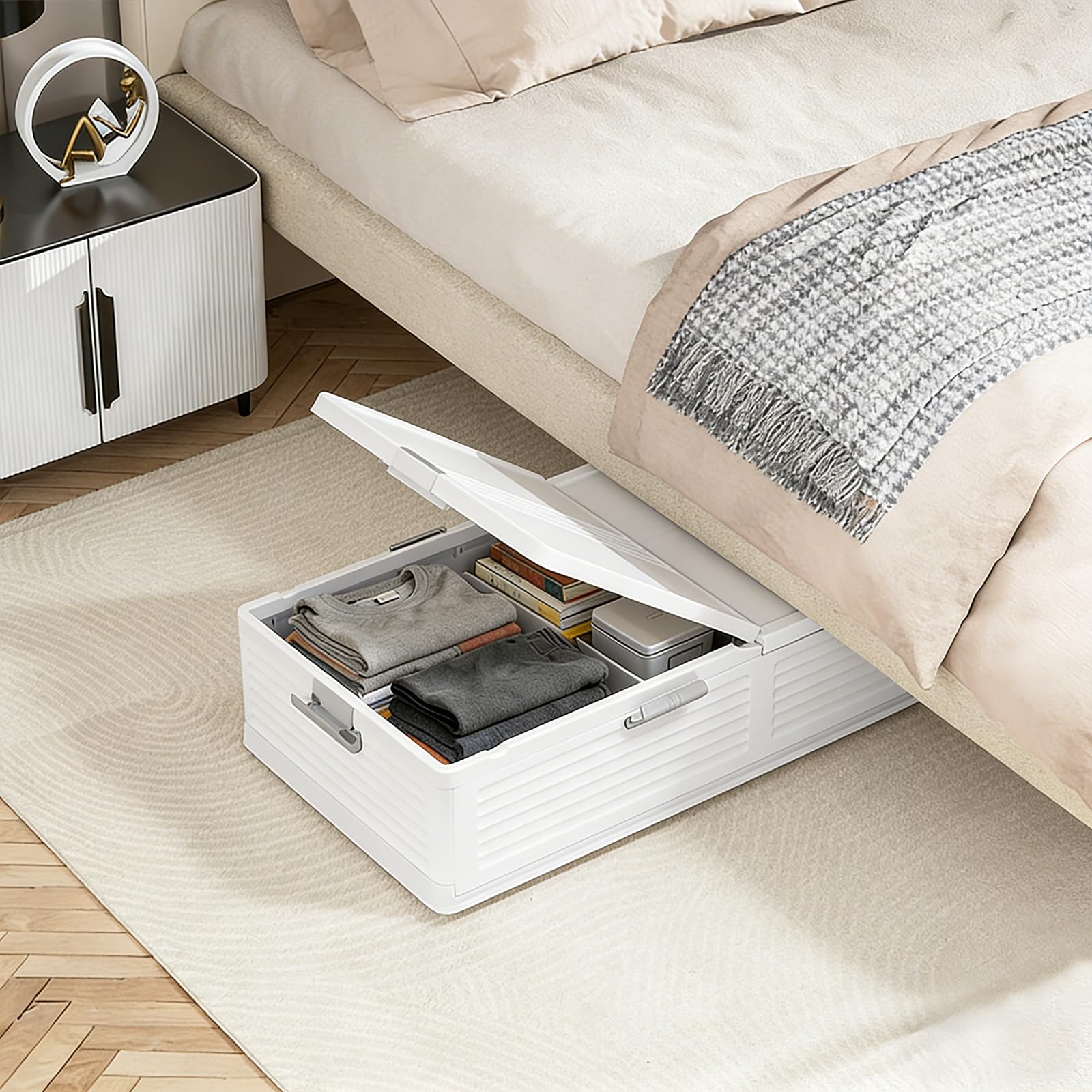 Unterbett Aufbewahrungsbox 101x51.5x24cm, faltbare Unterbettkommode mit Rollen, Kunststoffbox mit doppelseitigem Deckel, für Kleidung, Schuhe und Bettwäsche, Weiß