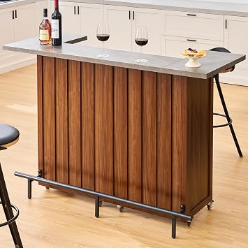 61-Inch Foldable Bar Table, Mobile Party Bar Station on Lockable Wheel, Counter Height Table w/Storage Cabinet, Footrest, Modern U-Shaped Home Coffee Bar Unit for Dining Living Room Pub Party Walnut