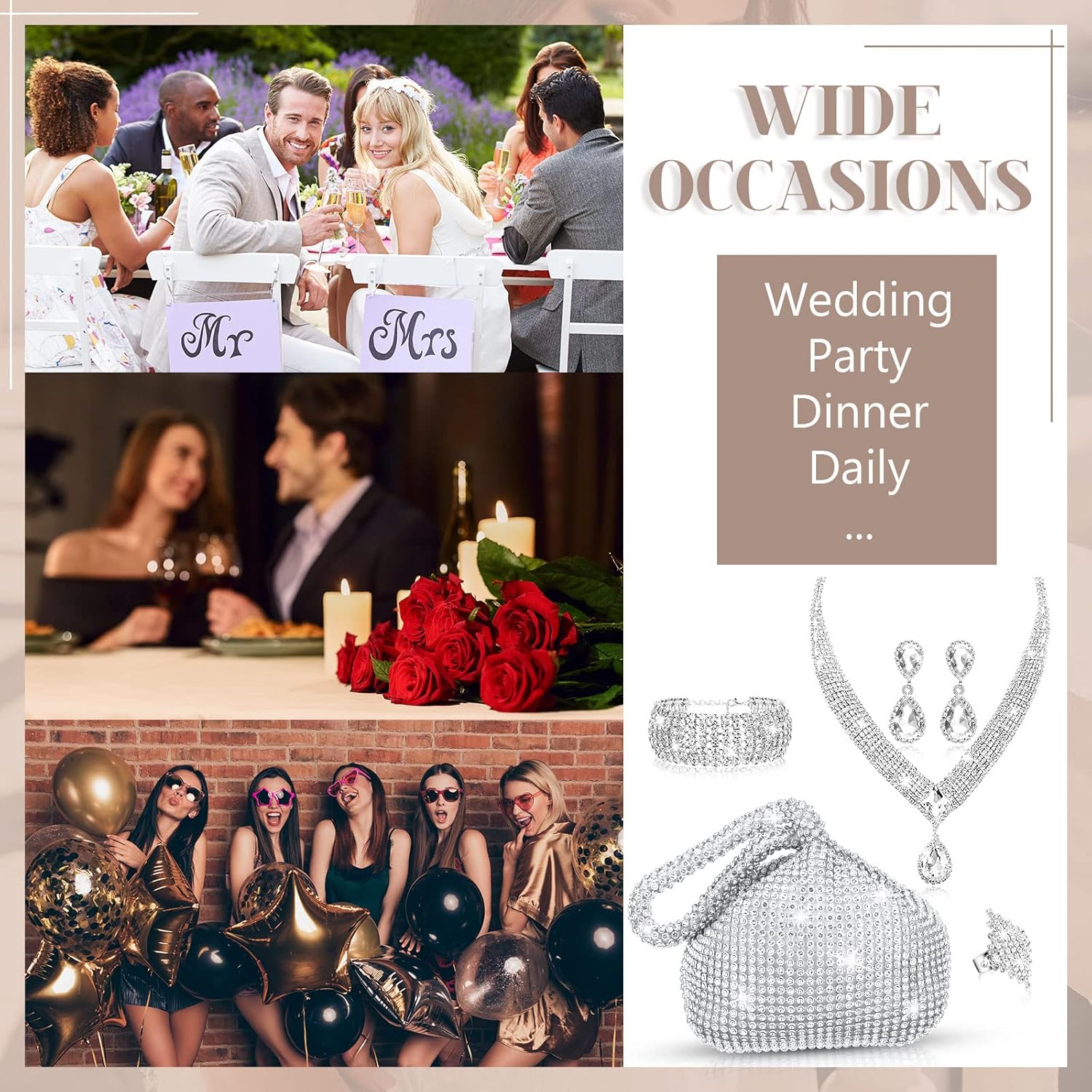 5 Pcs Silver Clutch Purses for Women Evening Rhinestone Jewelry Set Bling Clutch Purse Bag Rhinestone Necklace Ring Bracelet Earring for Women Party Wedding Bride Jewelry (Triangle Style) - Image 6