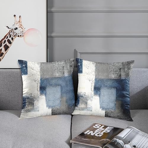 Miniatura 2 de Emvency Juego de 2 fundas de almohada decorativas azul y gris, pintura de arte abstracto, moderna, de doble cara, decoración cuadrada para el hogar,