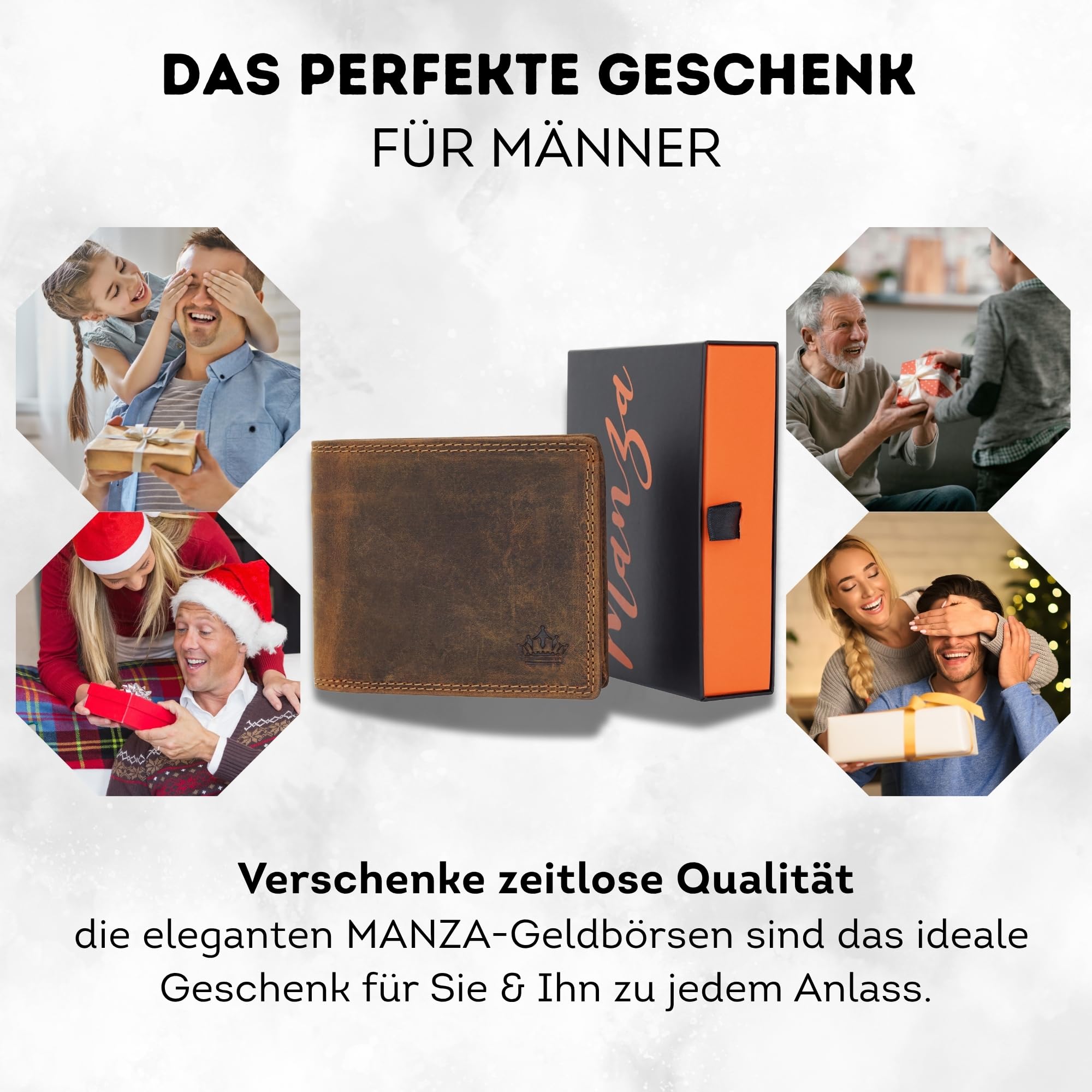 Manza Cartera de piel para hombre con protección RFID y compartimento secreto, monedero de piel auténtica para hombres con caja de regalo, doble costura extraestable, formato horizontal, marrón, 12 x