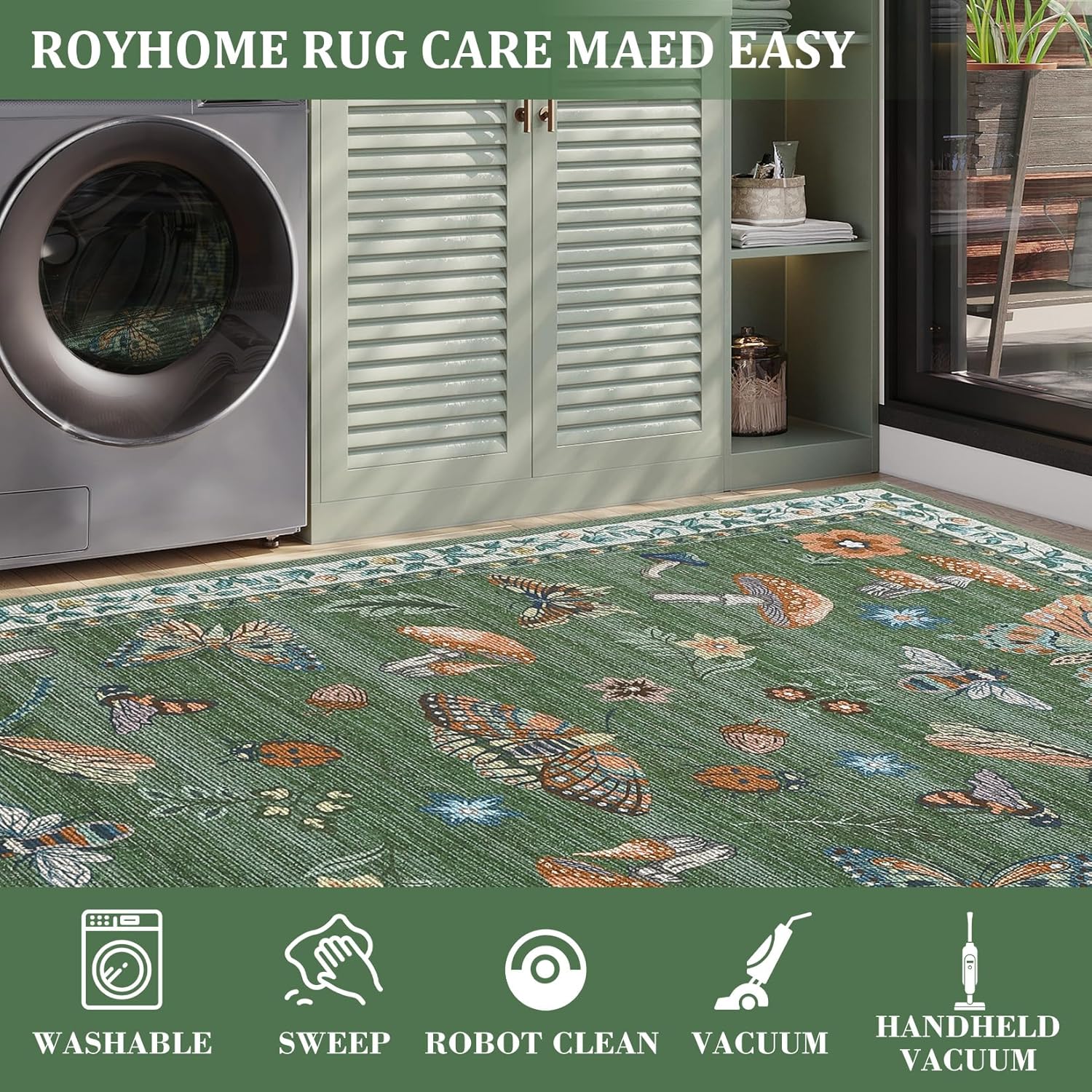 ROYHOME Mushroom Insect Rug 2x6 Runners for Hallways, Boho Kitchen Runner Rugs Non Slip Bath Runner, Modern Washable Runner Rug for Bedroom, Soft Long Rugs for Entryway Bathroom Laundry Dorm, Blue
