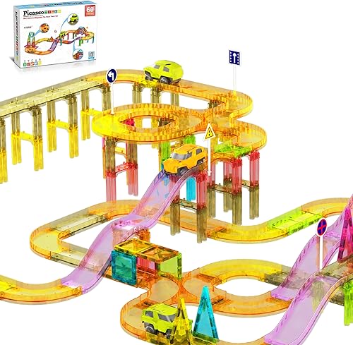 Miniatura 9 de PicassoTiles Juego de 40 piezas de mini diamantes de la serie de azulejos magnéticos de pista de carreras LED para automóvil, tamaño de viaje,