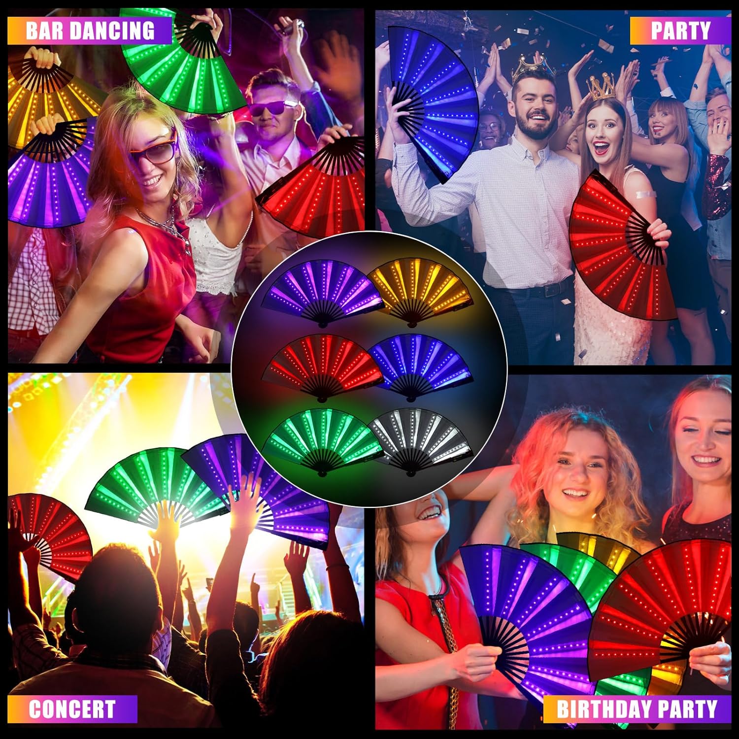 Roowest 6 Pcs 6 Pcs Rave Light up Folding Fan for Line Dancing with Battery LED Large Handheld 6 Colors Glowing Fan for Party Gift Performance Show Birthday Night Club (White,Neon)