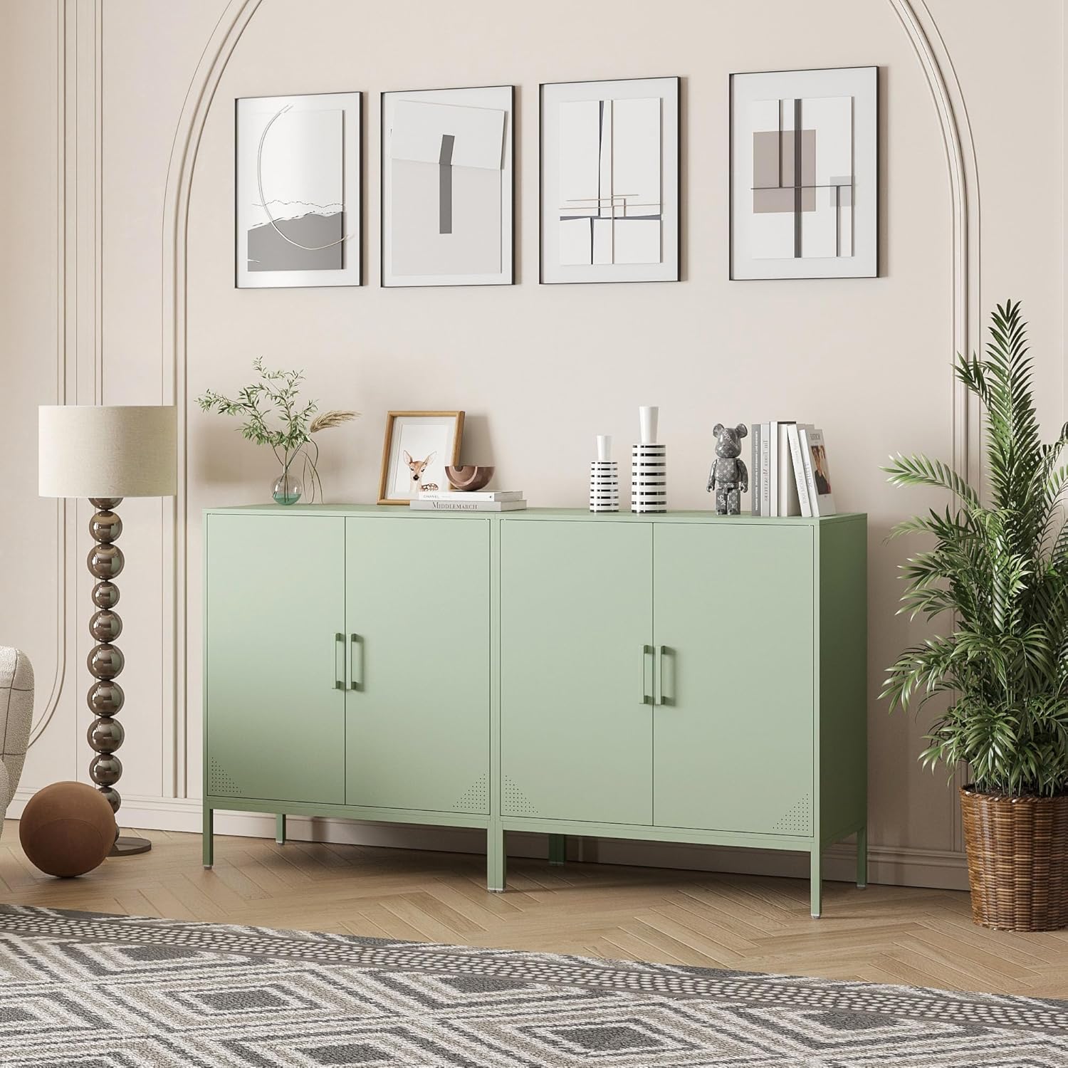 Metal Storage Cabinet with Adjustable Shelves, Steel Buffet Sideboard for Entryway, Living Room, Dining Room, Kitchen, Office, Bar (Green, 31.5" D x 15.75" W x 35.43" H)