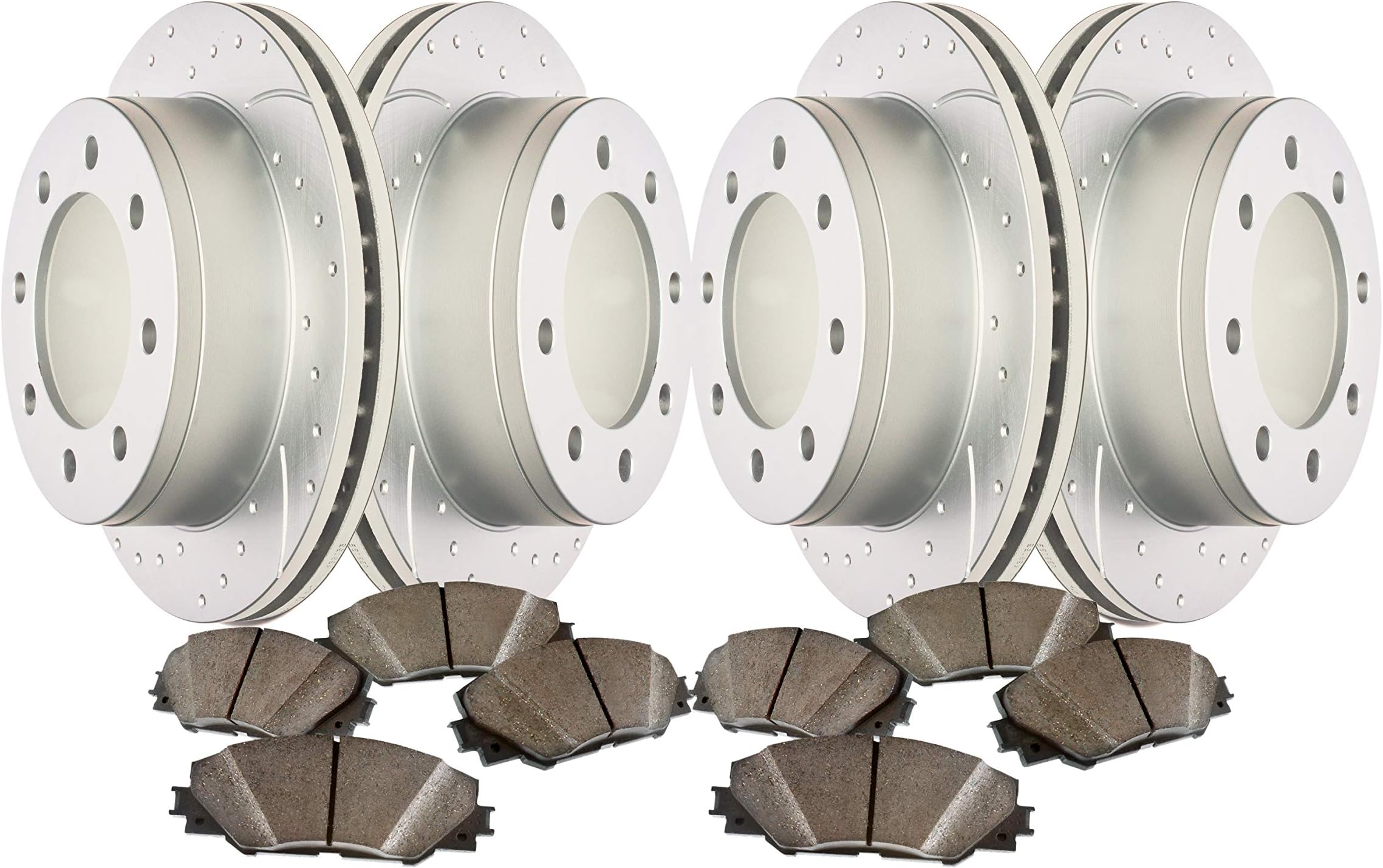 Front and Rear Low Dust Ceramic Pads and Premium Anti Rust Geomet Coated Drilled and Slotted Brake Rotors MAXMBKF15956DS