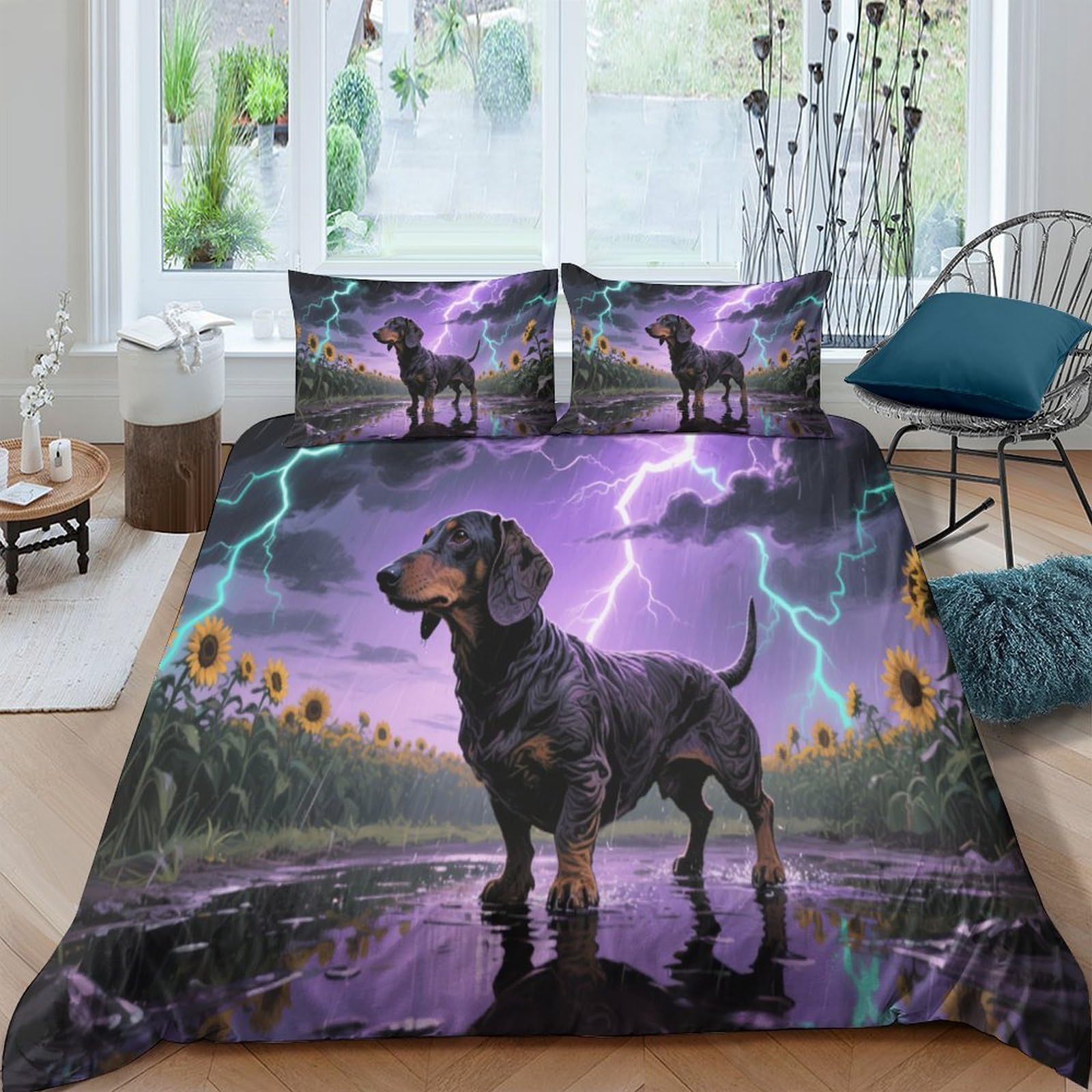 Ctjqhvkz Style-2 3D Printed Stormy Dachshund Fitted Sheet Microfiber Soft Sunflower Bed Cover For Bedroom Dorm Mattress Decor Single（135X200cm）