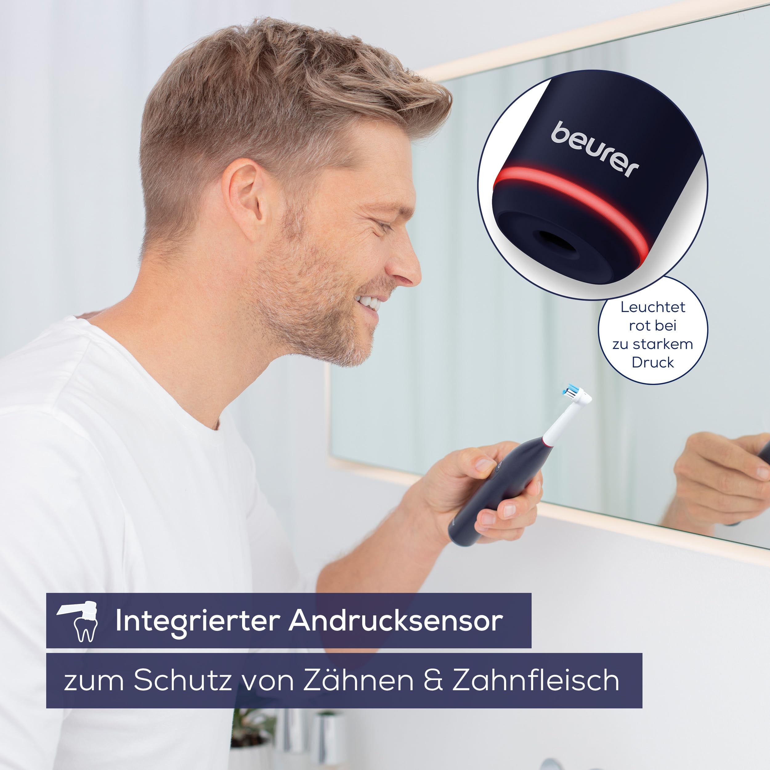 Beurer TB 50 Elektrische Zahnbürste, 3 Reinigungsprogramme für Zahnpflege, oszillierend-pulsierende Putztechnologie zur Plaque Entfernung, integrierter Andrucksensor, Akku mit 45 Tage Laufzeit