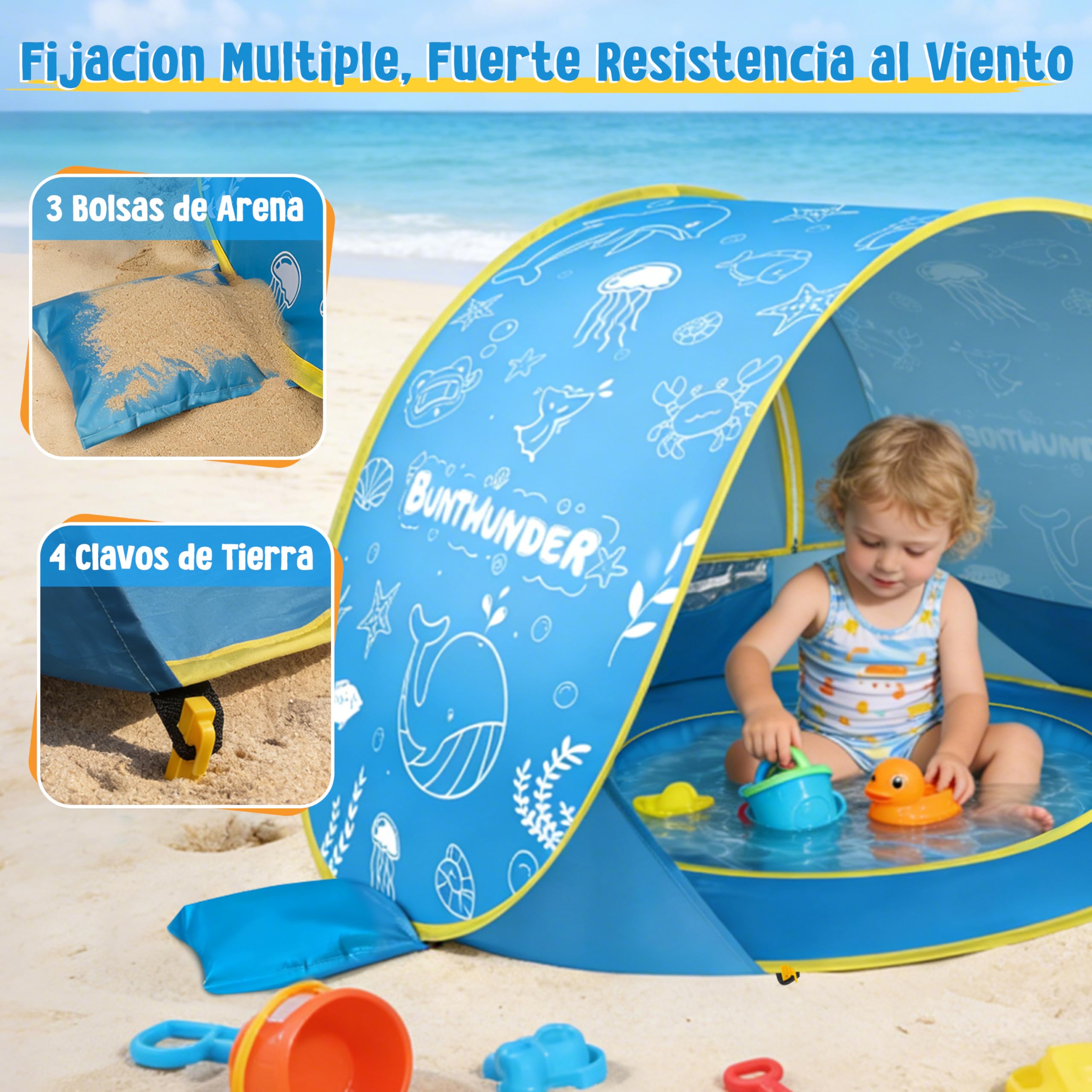 Herenear Tienda Playa Bebé Pop Up, Tienda Refugio Infantil con Mini Piscina, Plegable Portátil Protección UV para Playa, Pícnic y Jardín (Azul)