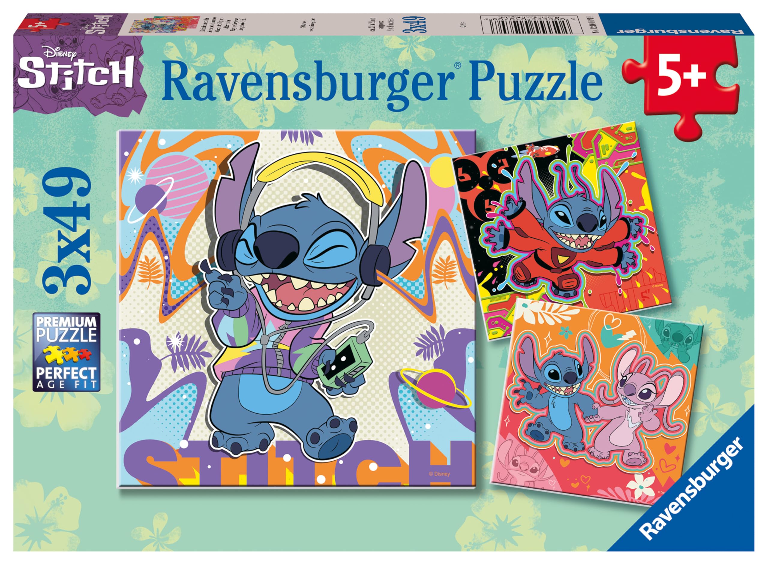Ravensburger Disney Stitch 3x 49 Pieces Jigsaw Puzzles for Kids Age 5 Years Up, Multicolor, 147 pezzi o 21x21 cm