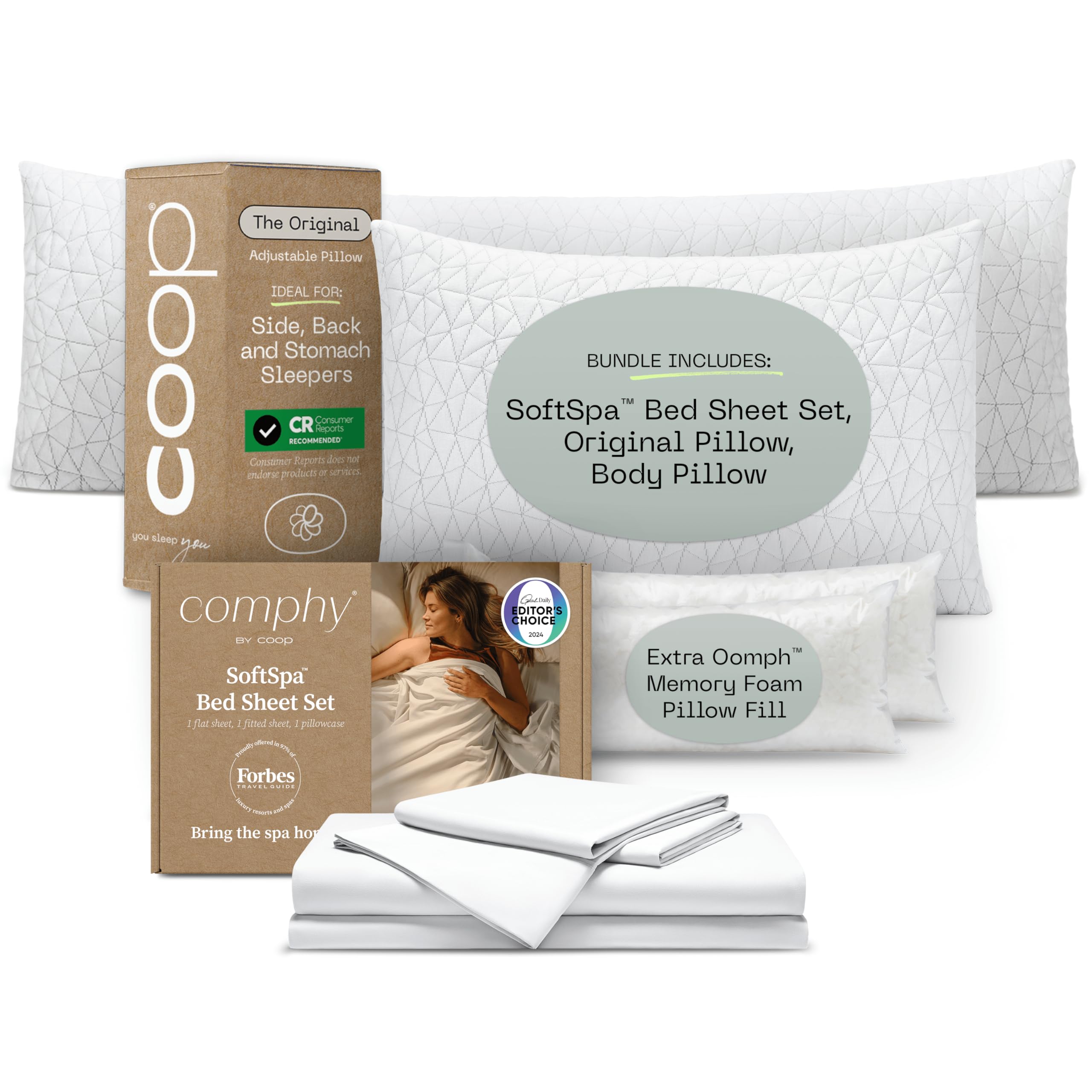 Coop Home Goods Comphy SoftSpa Bed Sheet Set White Body Pillow and Original Pillow Queen Bundle
