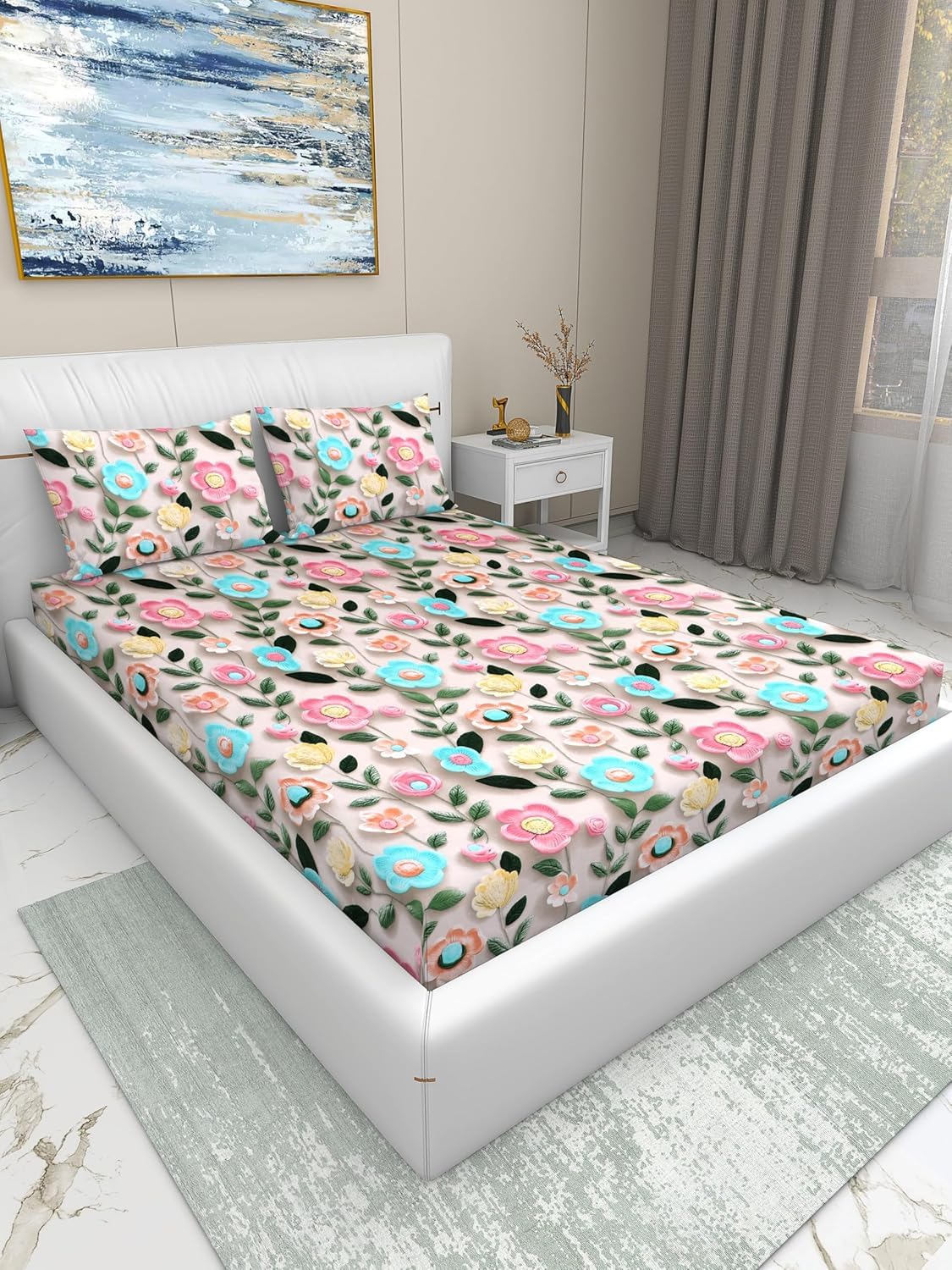 Premium 5D Printed Cotton Microfiber Elastic Fitted Bedsheet King Size (183×198 cm) with 2 Pillow Covers | 400 TC, 280 GSM All Around Elastic Mattress Cover (Cream)-image-30