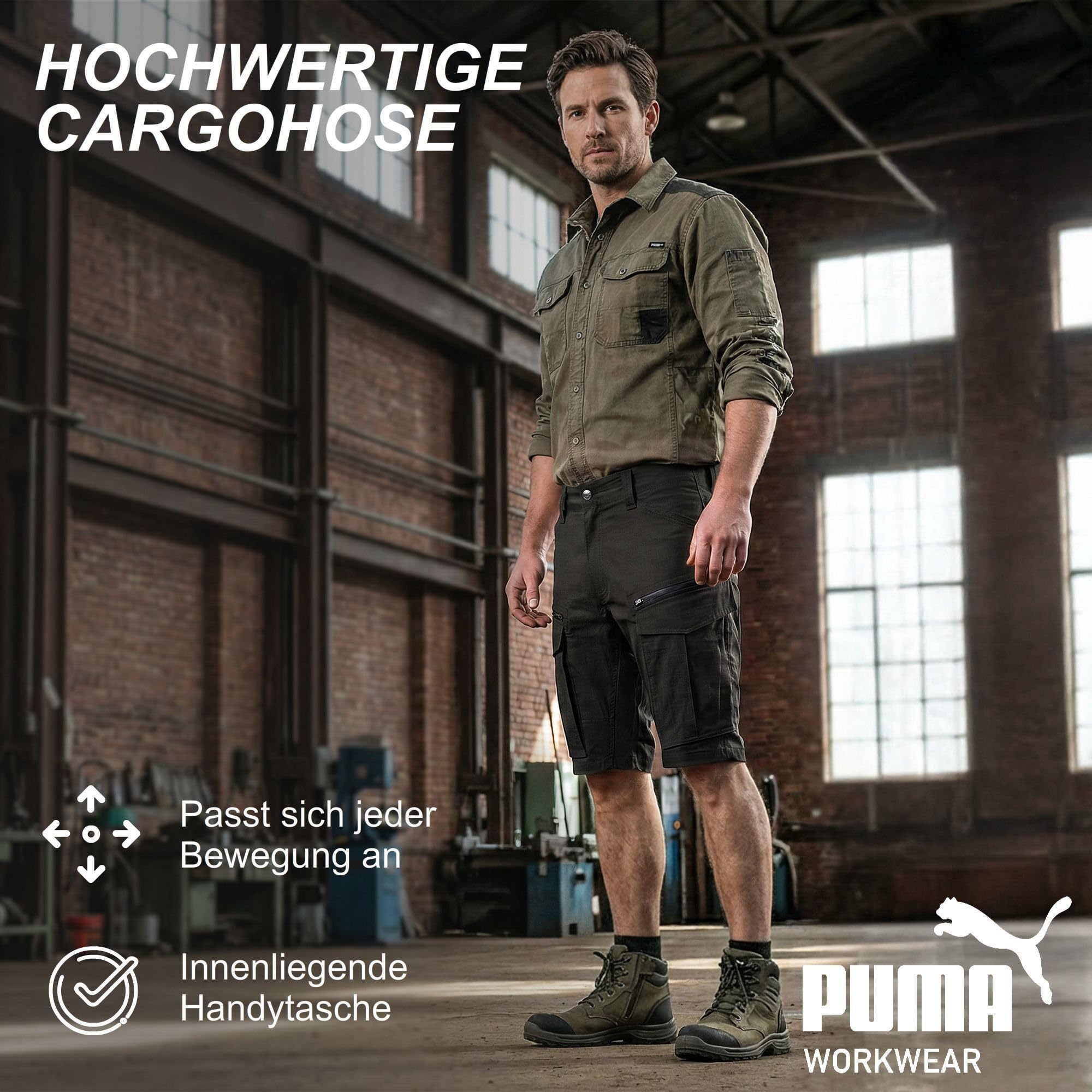 PUMA Workwear krótkie spodenki robocze męskie – wytrzymałe szorty ze stretchem i tkaniną Ripstop – gumka w pasie – podwyższona część tylna – szlufka na ramię – pokrowiec na telefon komórkowy